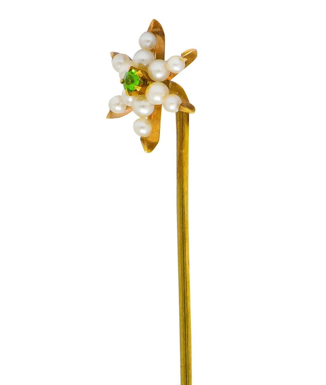 Krementz Art Nouveau Pearl Demantoid Garnet 14 Karat Gold Star Stickpin - Wilson's Estate Jewelry