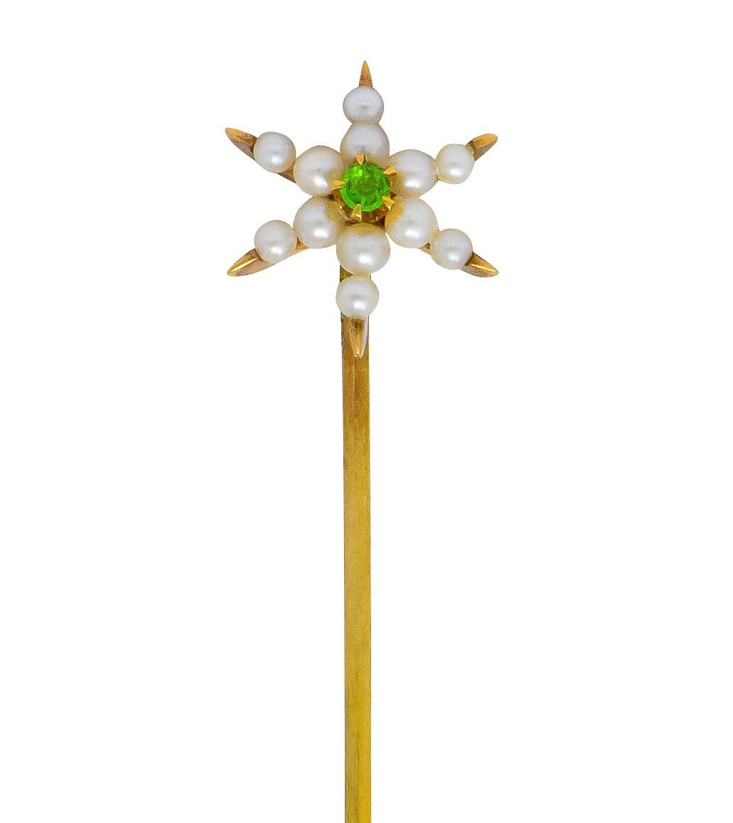 Krementz Art Nouveau Pearl Demantoid Garnet 14 Karat Gold Star Stickpin - Wilson's Estate Jewelry