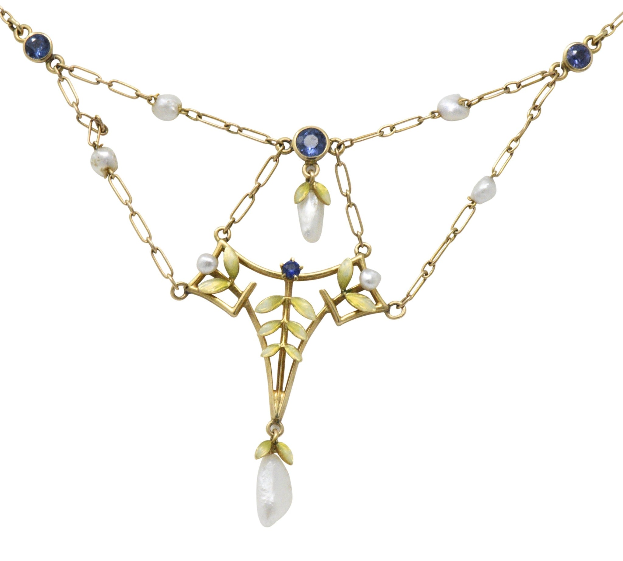 Krementz Art Nouveau Sapphire Enamel Pearl 14 Karat Gold Swag Necklace Wilson's Estate Jewelry