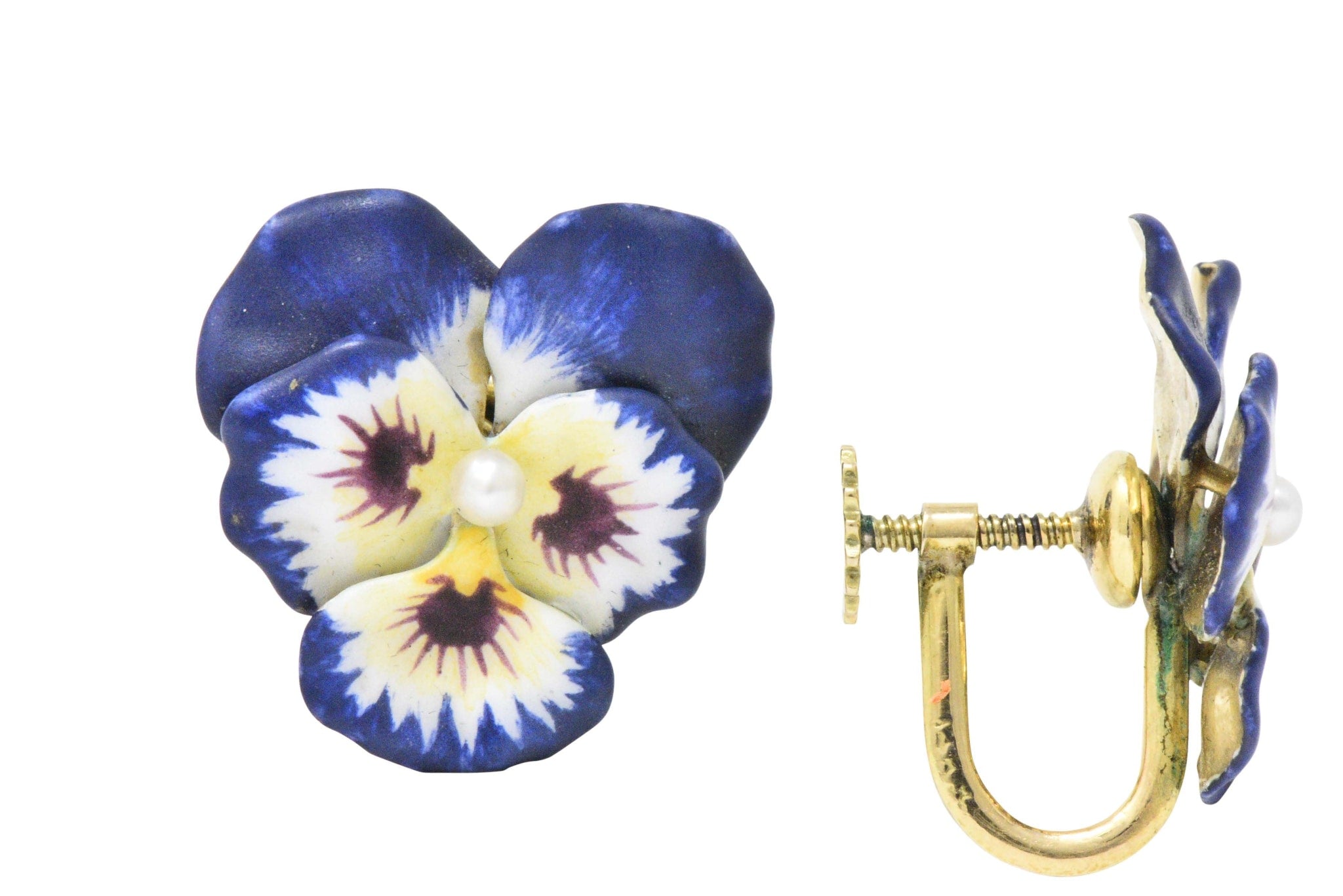 Krementz Enamel Seed Pearl And 14 Karat Gold Pansy Earrings Wilson's Estate Jewelry