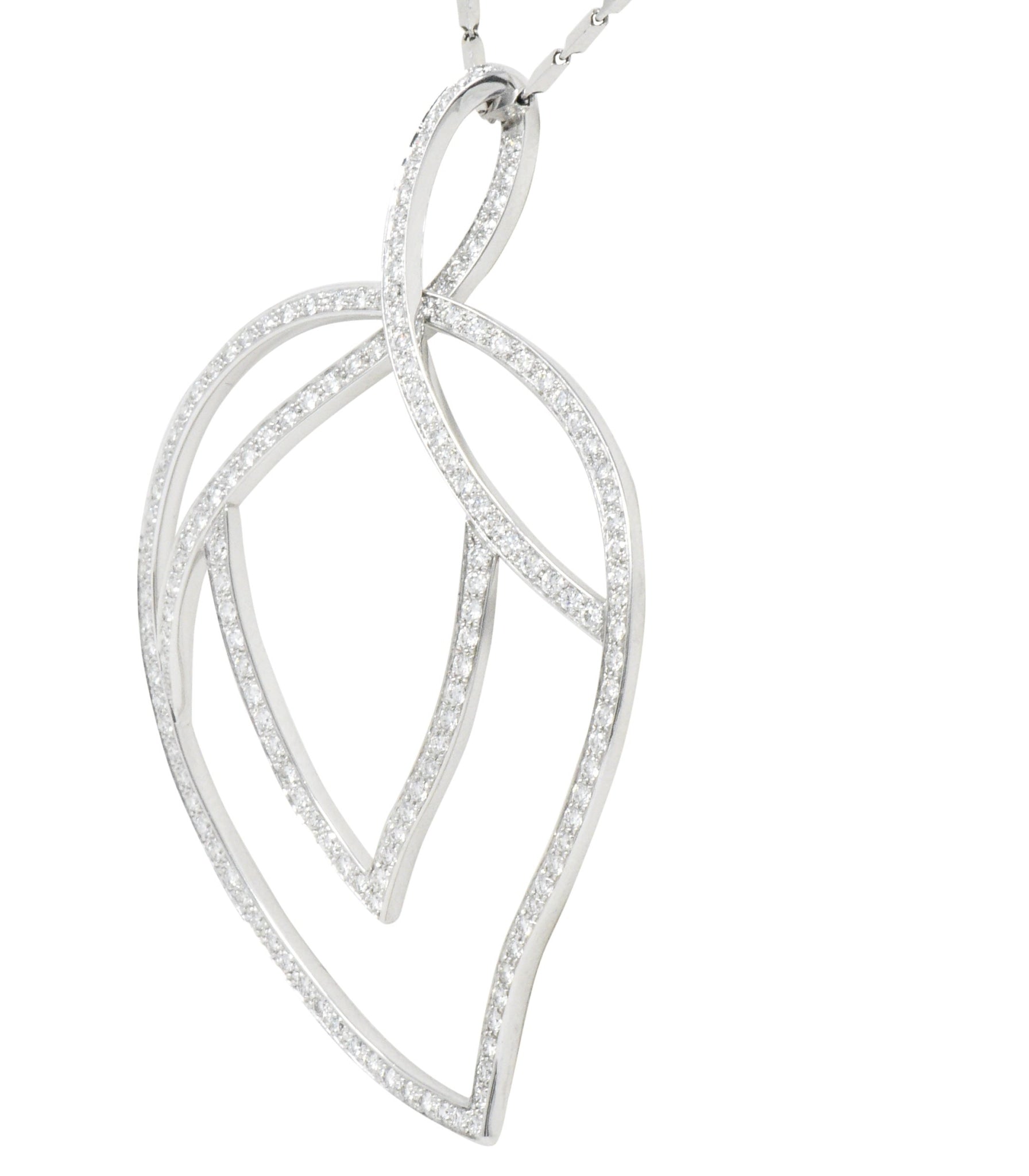 Large Piaget 3.15 CTW Diamond 18 Karat White Gold Leaf Pendant With Chain Wilson's Estate Jewelry