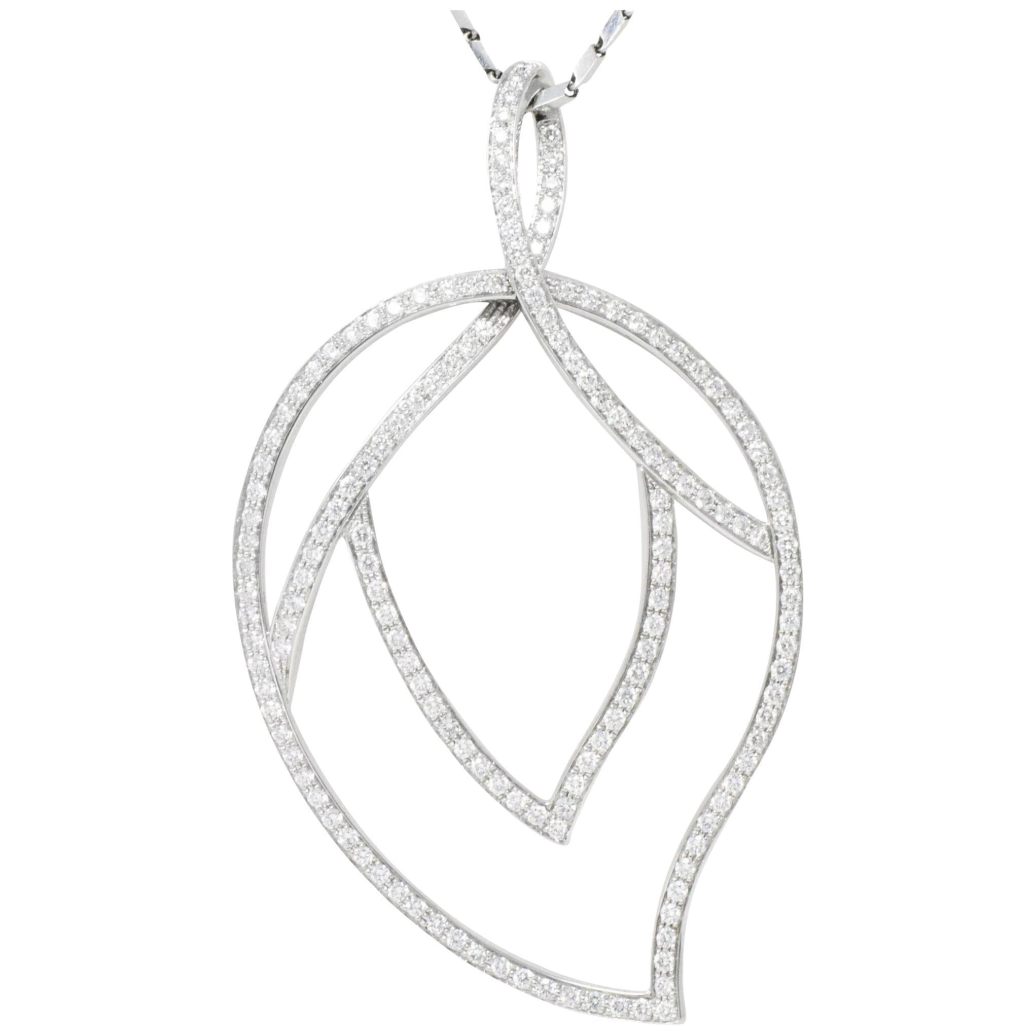 Large Piaget 3.15 CTW Diamond 18 Karat White Gold Leaf Pendant With Chain Wilson's Estate Jewelry