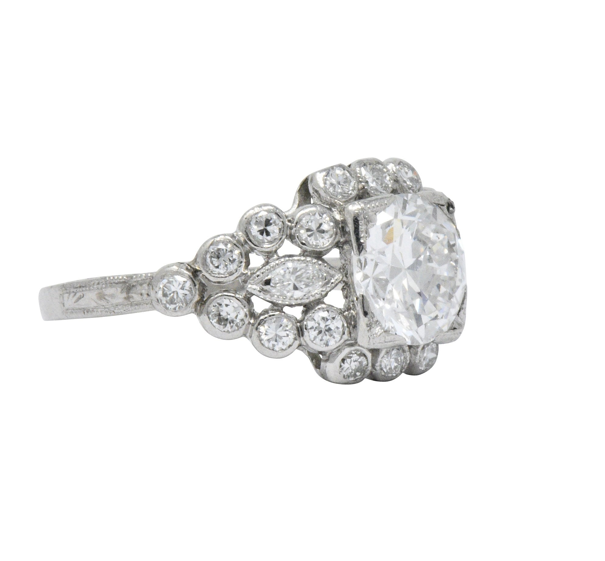 Late Art Deco 1.69 CTW Diamond Platinum Cluster Engagement Ring GIA Wilson's Estate Jewelry