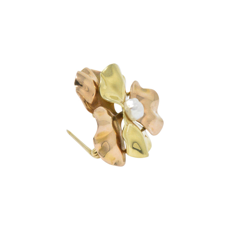 Lovely 14K Two-Tone Gold & Natural Freshwater Pearl Flower Brooch Wilson's Estate Jewelry