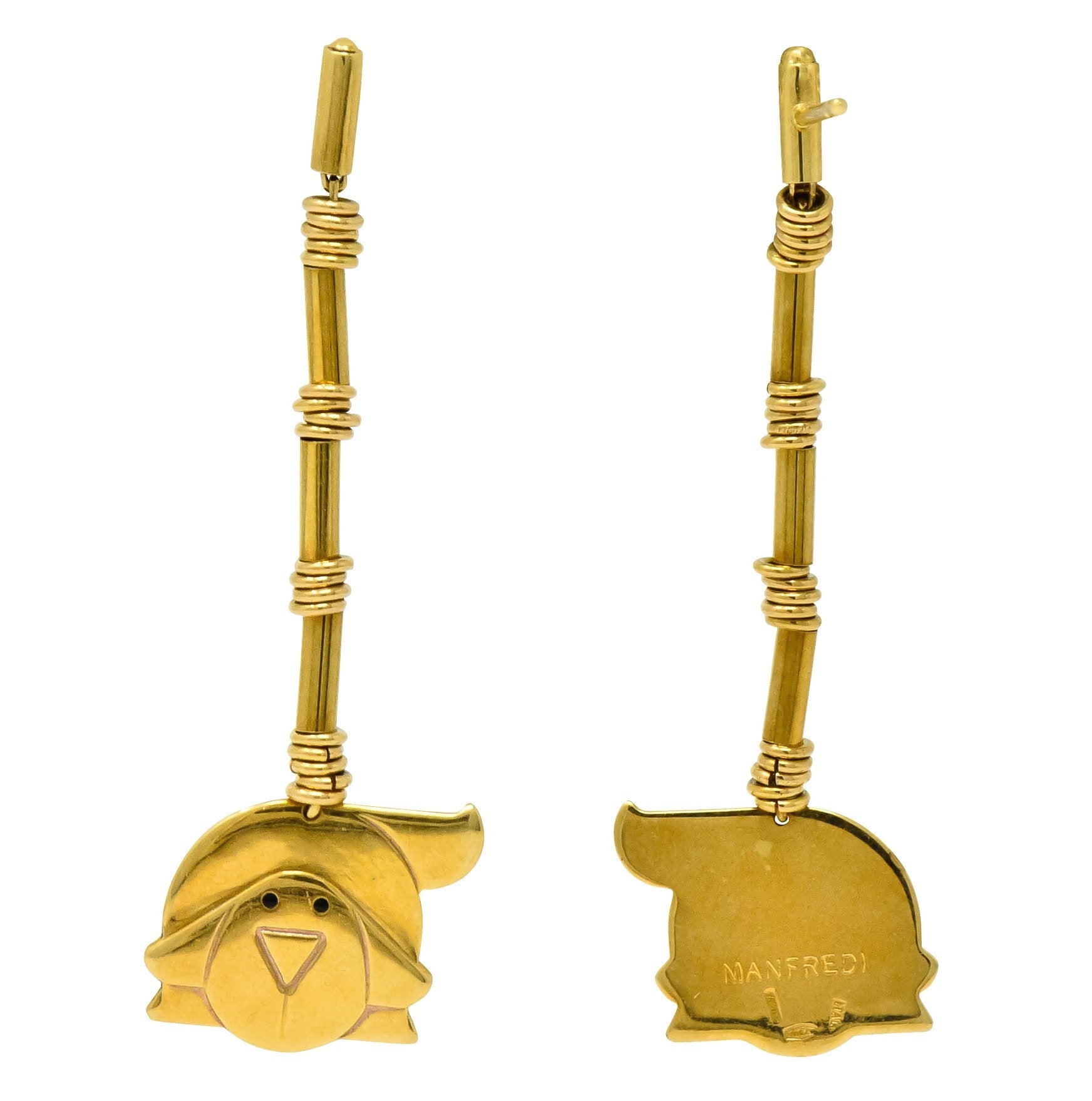 Manfredi Vintage Italian Enamel 18 Karat Gold Dog Long Drop Earrings - Wilson's Estate Jewelry