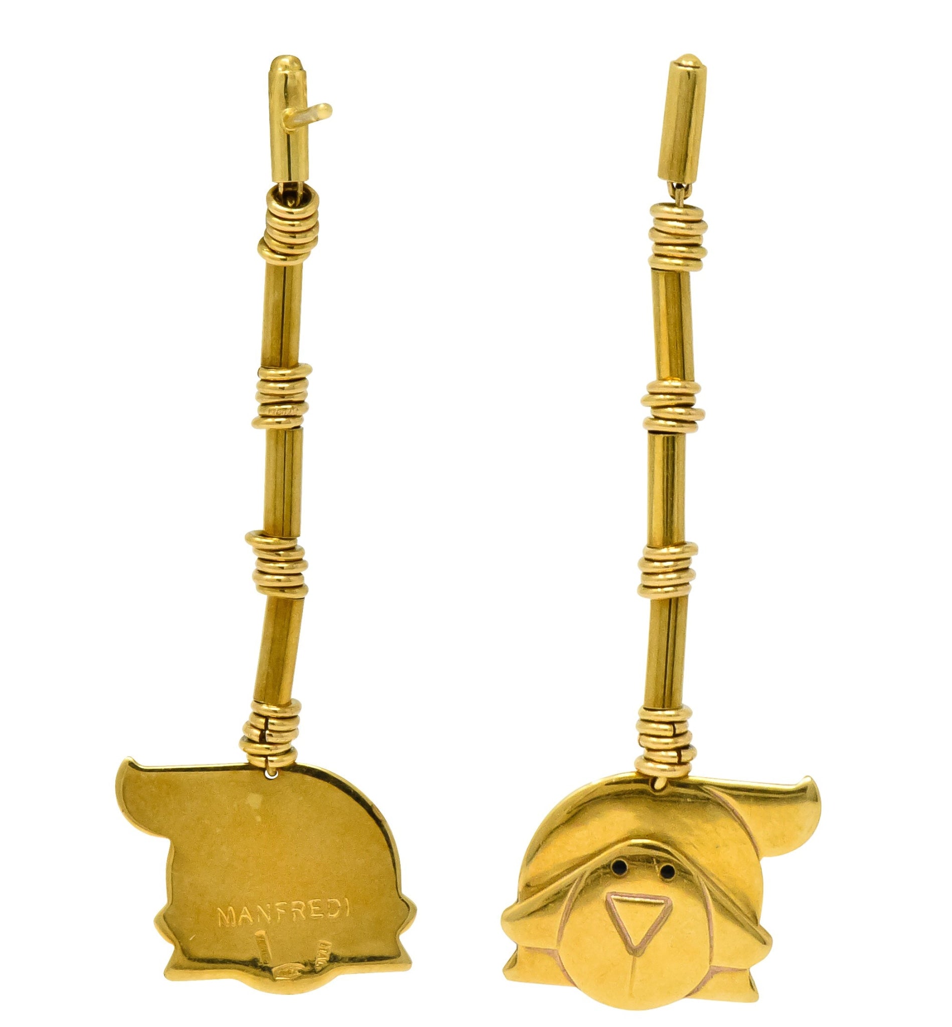 Manfredi Vintage Italian Enamel 18 Karat Gold Dog Long Drop Earrings - Wilson's Estate Jewelry