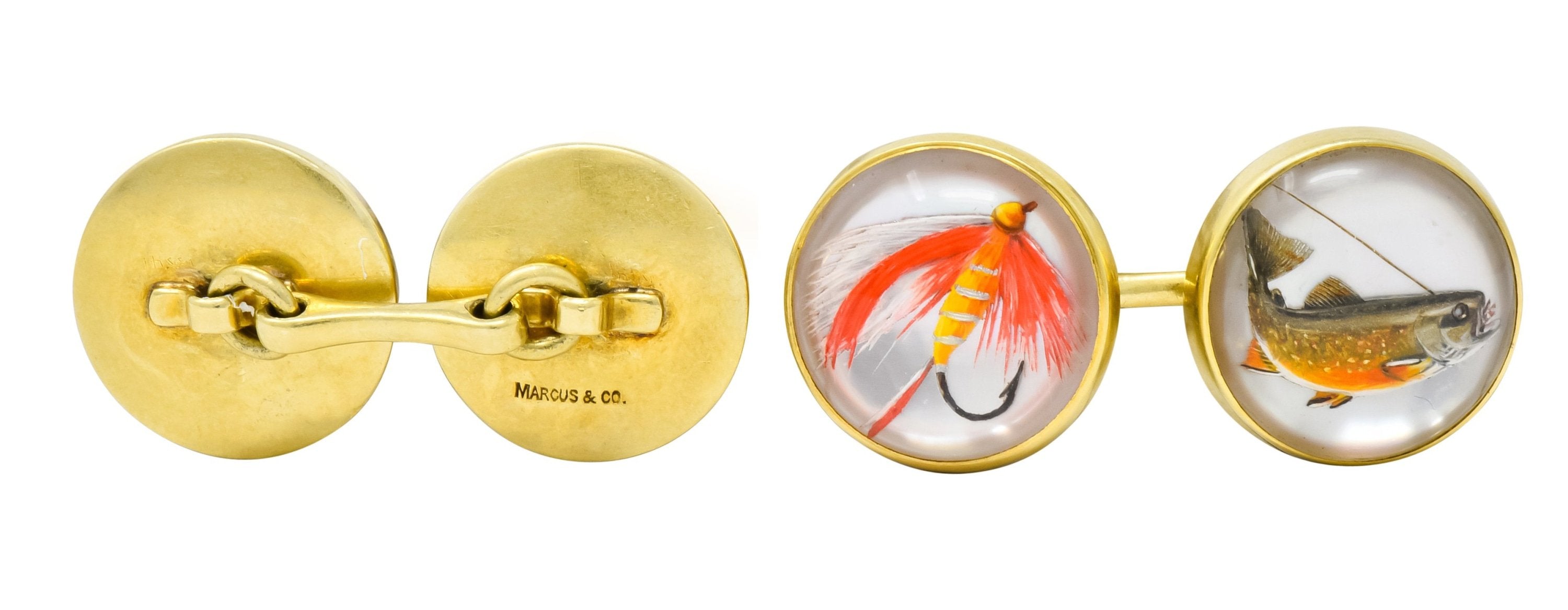 Marcus & Co. Victorian Painted Carved Rock Crystal 14 Karat Gold Men's Fishing Cufflinks - Wilson's Estate Jewelry