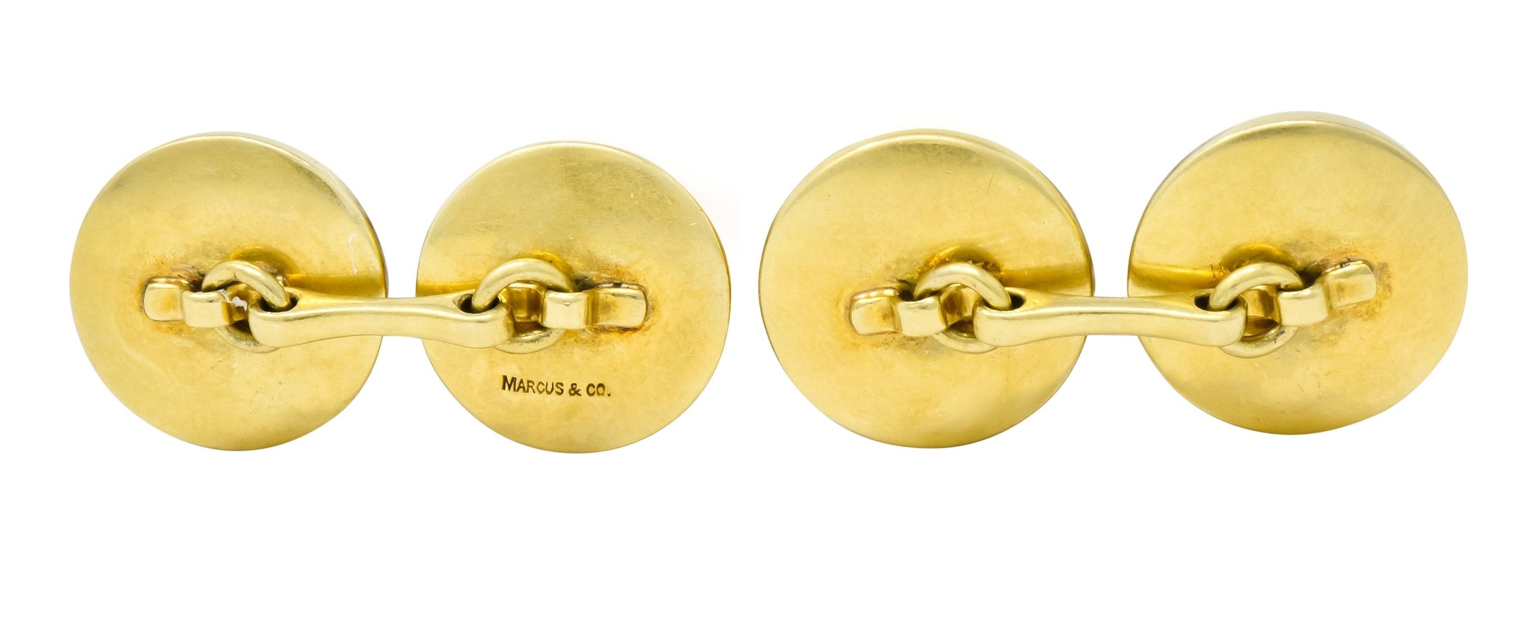 Marcus & Co. Victorian Painted Carved Rock Crystal 14 Karat Gold Men's Fishing Cufflinks - Wilson's Estate Jewelry