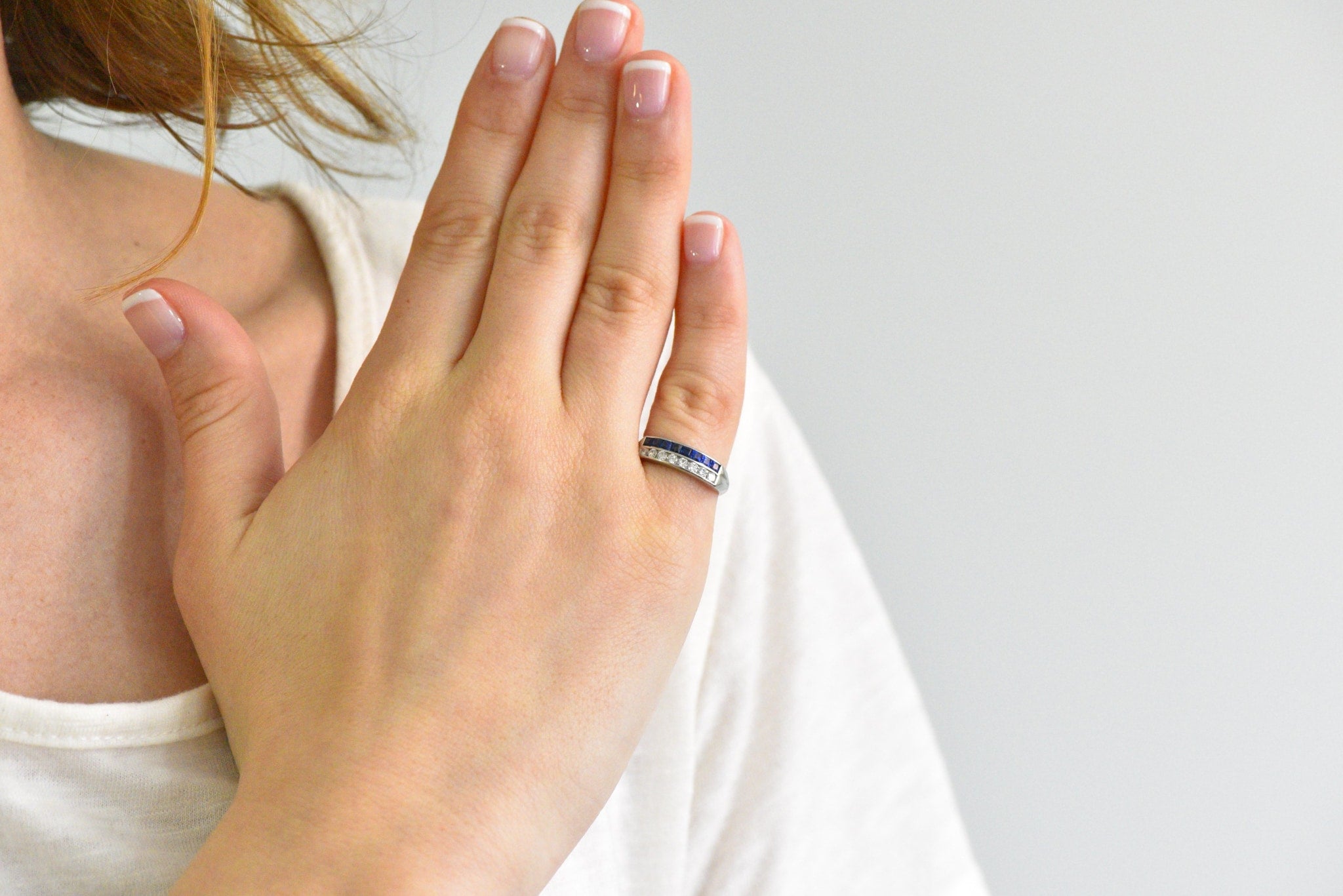 McTeigue & Co. Platinum Diamond & Blue Sapphire Ring Vintage Wedding Band Wilson's Estate Jewelry