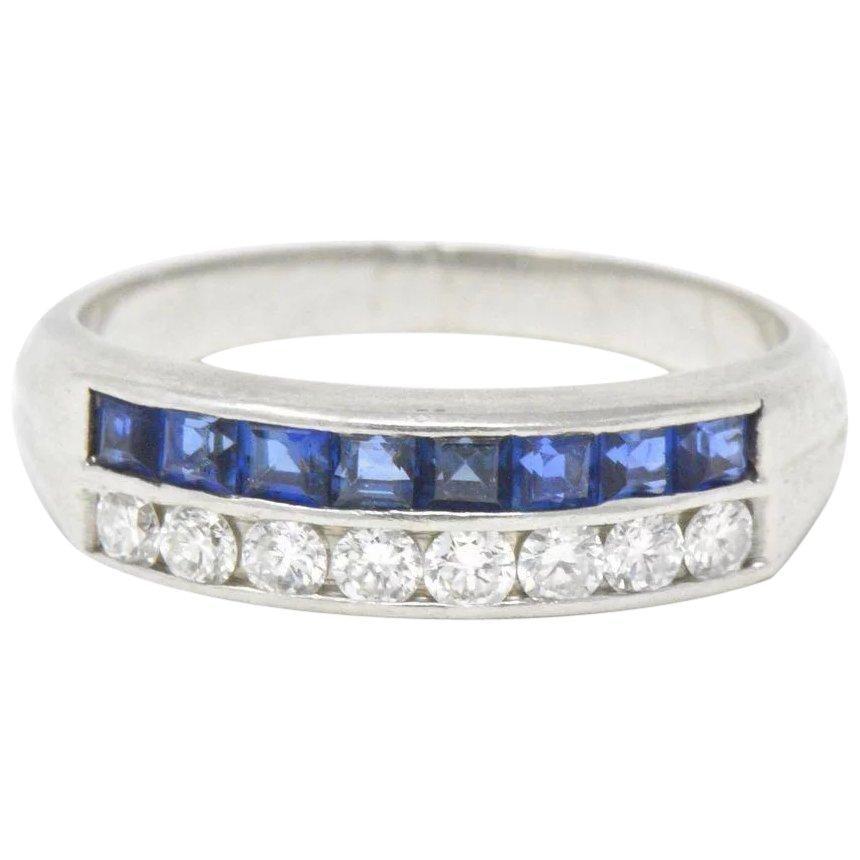 McTeigue & Co. Platinum Diamond & Blue Sapphire Ring Vintage Wedding Band Wilson's Estate Jewelry