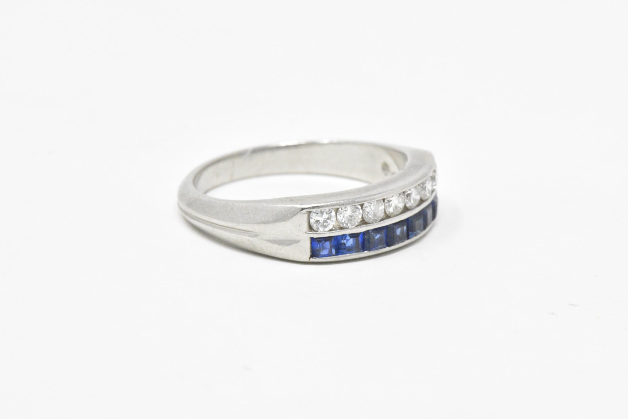 McTeigue & Co. Platinum Diamond & Blue Sapphire Ring Vintage Wedding Band Wilson's Estate Jewelry