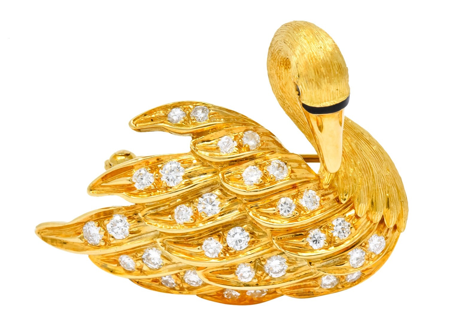 McTeigue Diamond Sapphire Enamel 18 Karat Yellow Gold Swan Brooch - Wilson's Estate Jewelry