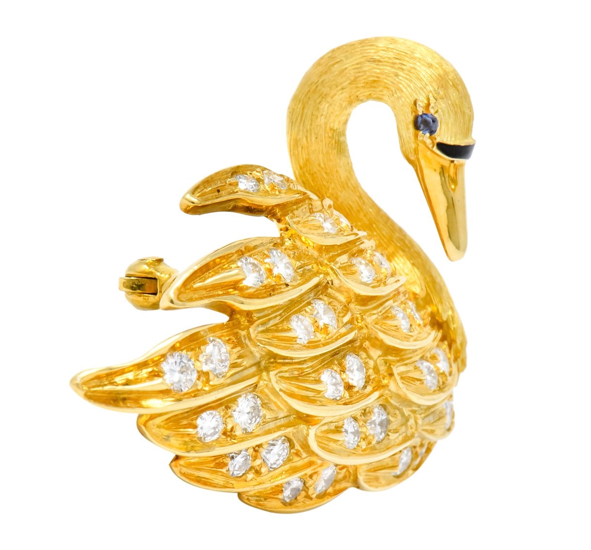 McTeigue Diamond Sapphire Enamel 18 Karat Yellow Gold Swan Brooch - Wilson's Estate Jewelry