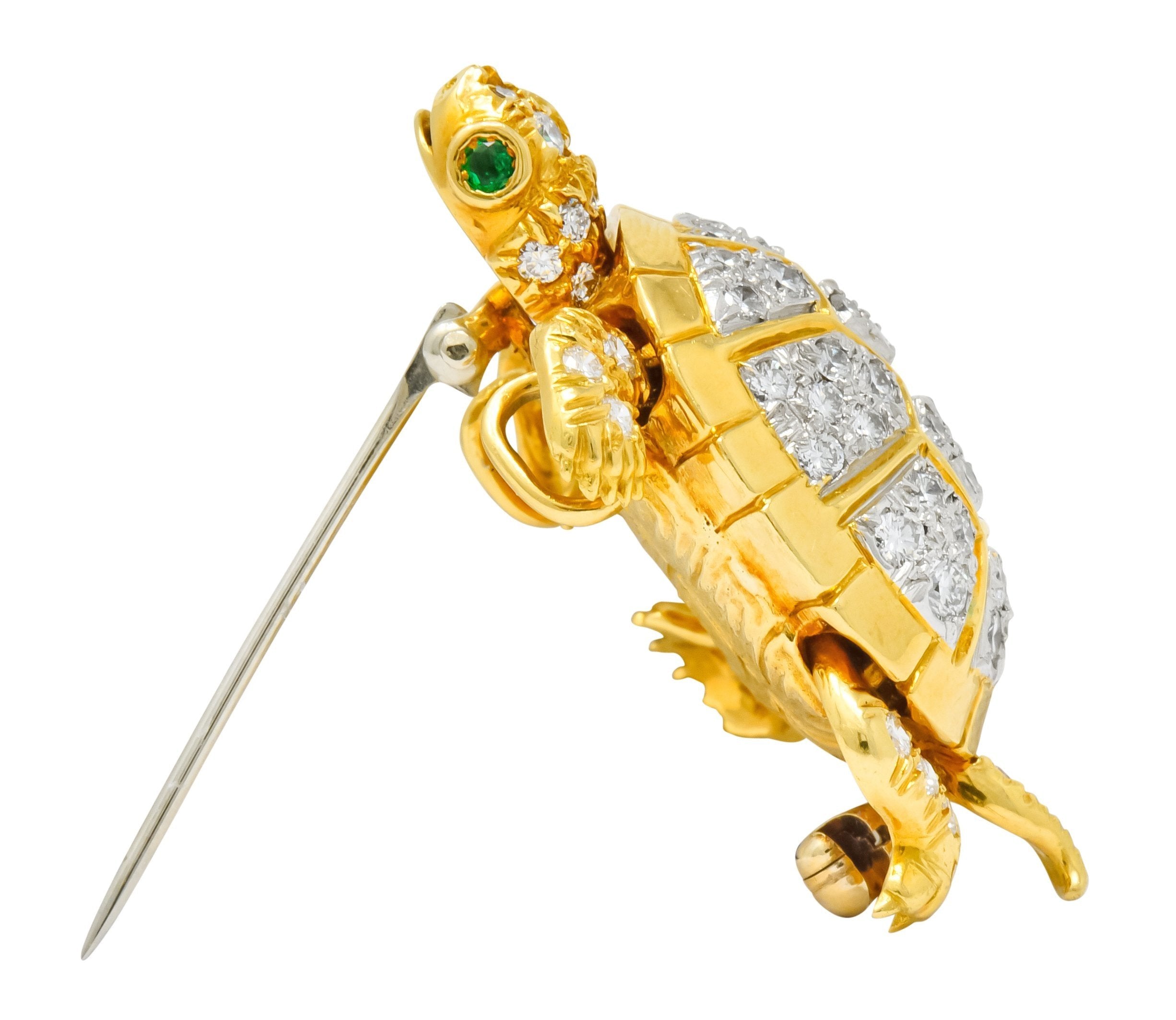 McTeigue Vintage 2.20 CTW Diamond Emerald Platinum-Topped 18 Karat Gold Turtle Pendant Brooch - Wilson's Estate Jewelry