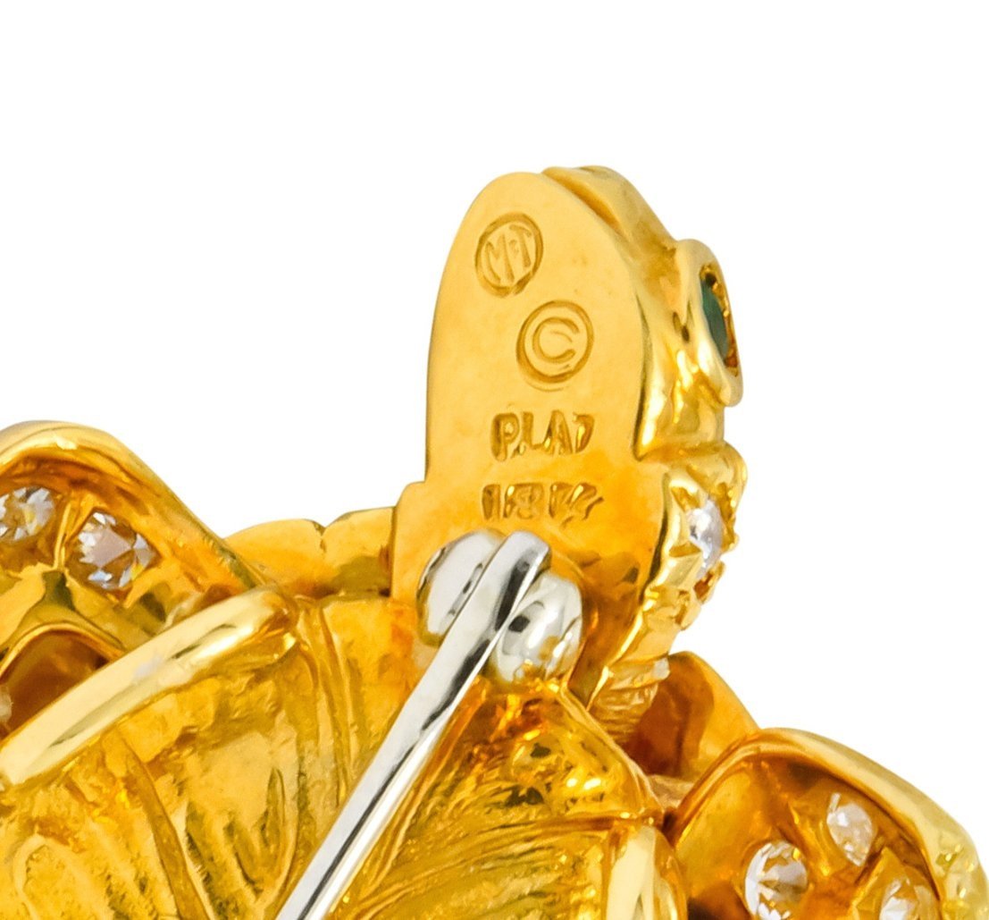 McTeigue Vintage 2.20 CTW Diamond Emerald Platinum-Topped 18 Karat Gold Turtle Pendant Brooch - Wilson's Estate Jewelry