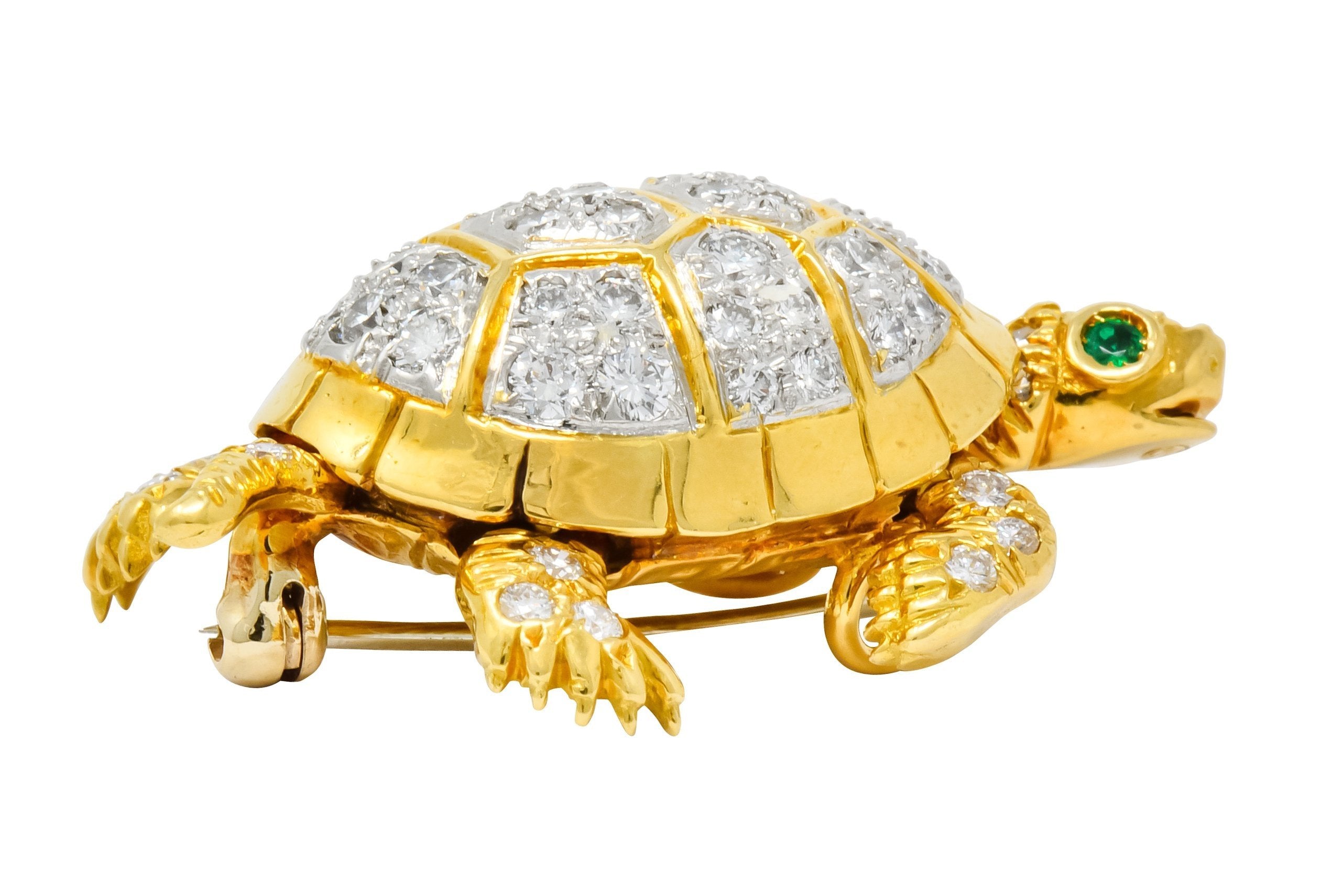 McTeigue Vintage 2.20 CTW Diamond Emerald Platinum-Topped 18 Karat Gold Turtle Pendant Brooch - Wilson's Estate Jewelry