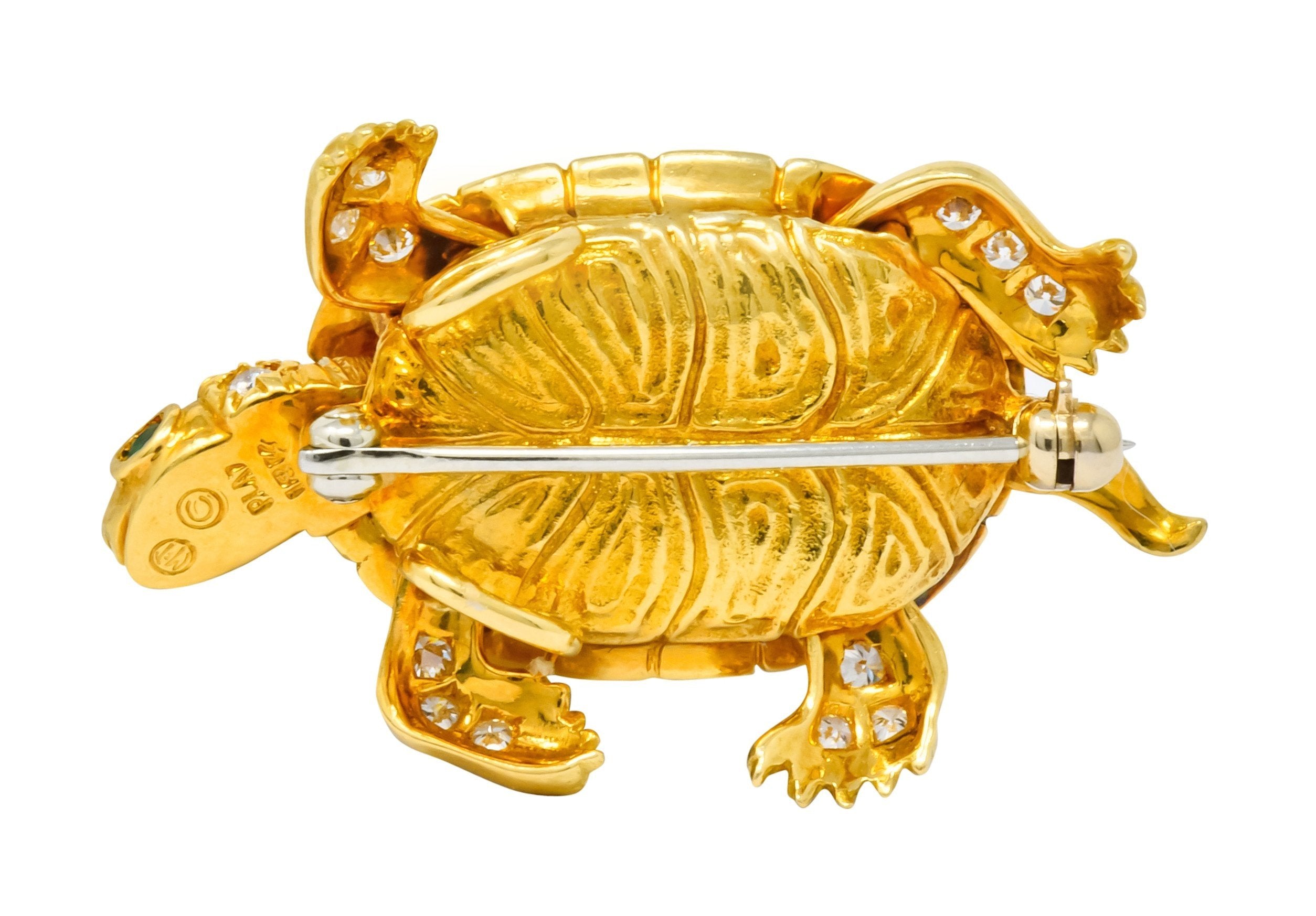 McTeigue Vintage 2.20 CTW Diamond Emerald Platinum-Topped 18 Karat Gold Turtle Pendant Brooch - Wilson's Estate Jewelry
