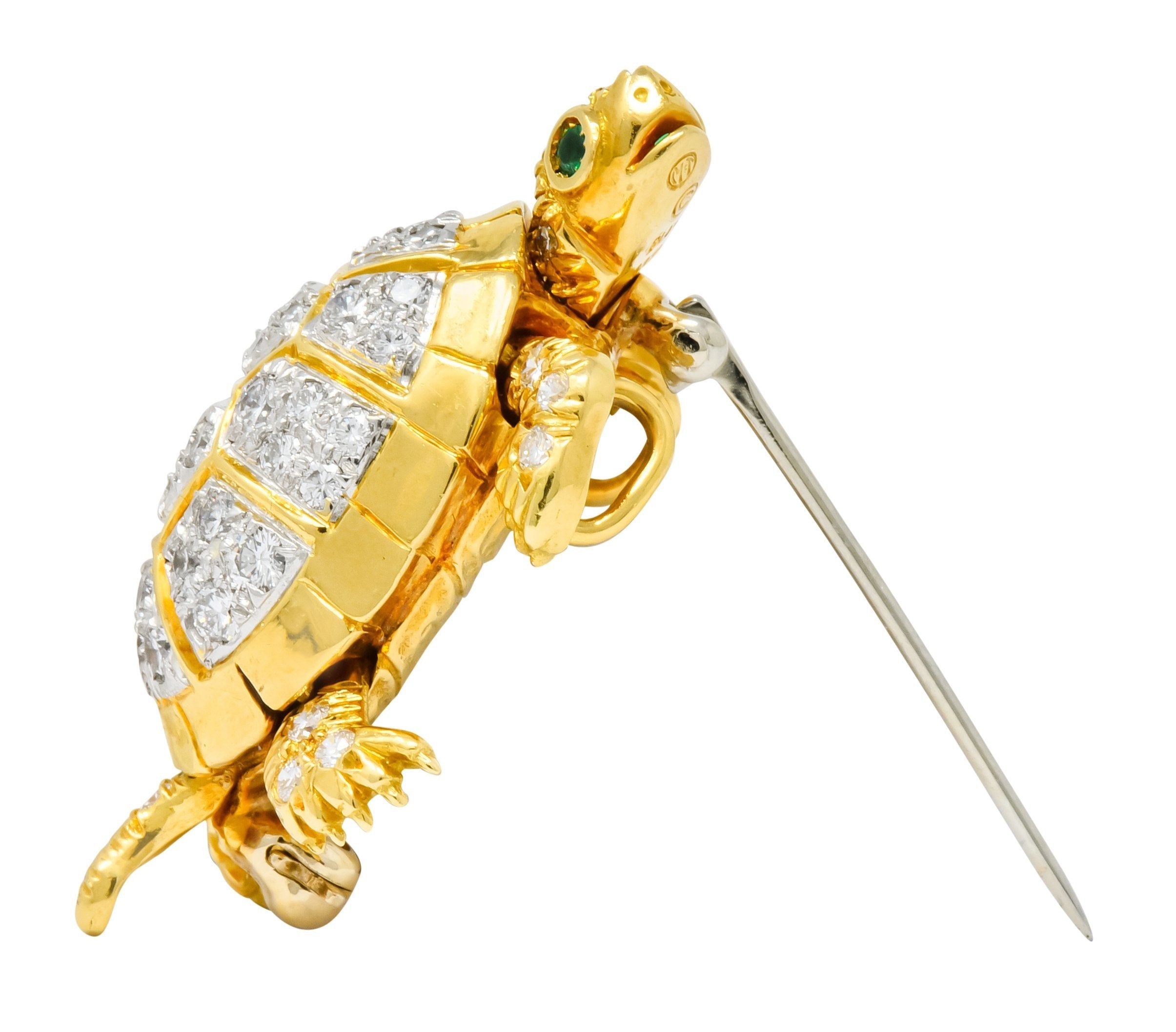 McTeigue Vintage 2.20 CTW Diamond Emerald Platinum-Topped 18 Karat Gold Turtle Pendant Brooch - Wilson's Estate Jewelry
