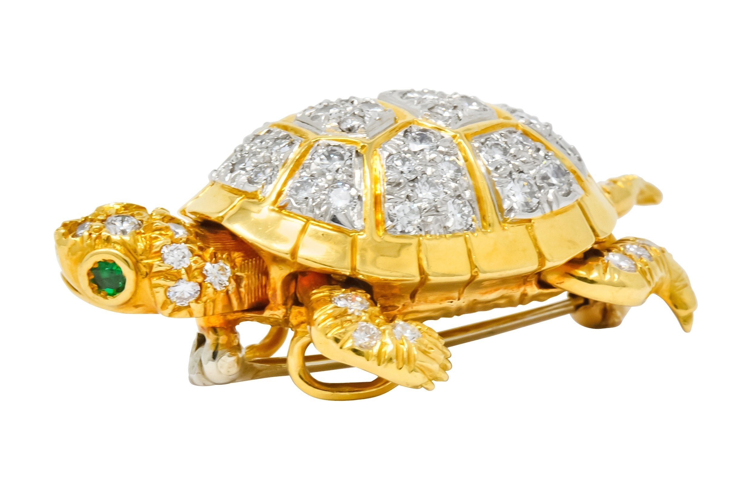 McTeigue Vintage 2.20 CTW Diamond Emerald Platinum-Topped 18 Karat Gold Turtle Pendant Brooch - Wilson's Estate Jewelry