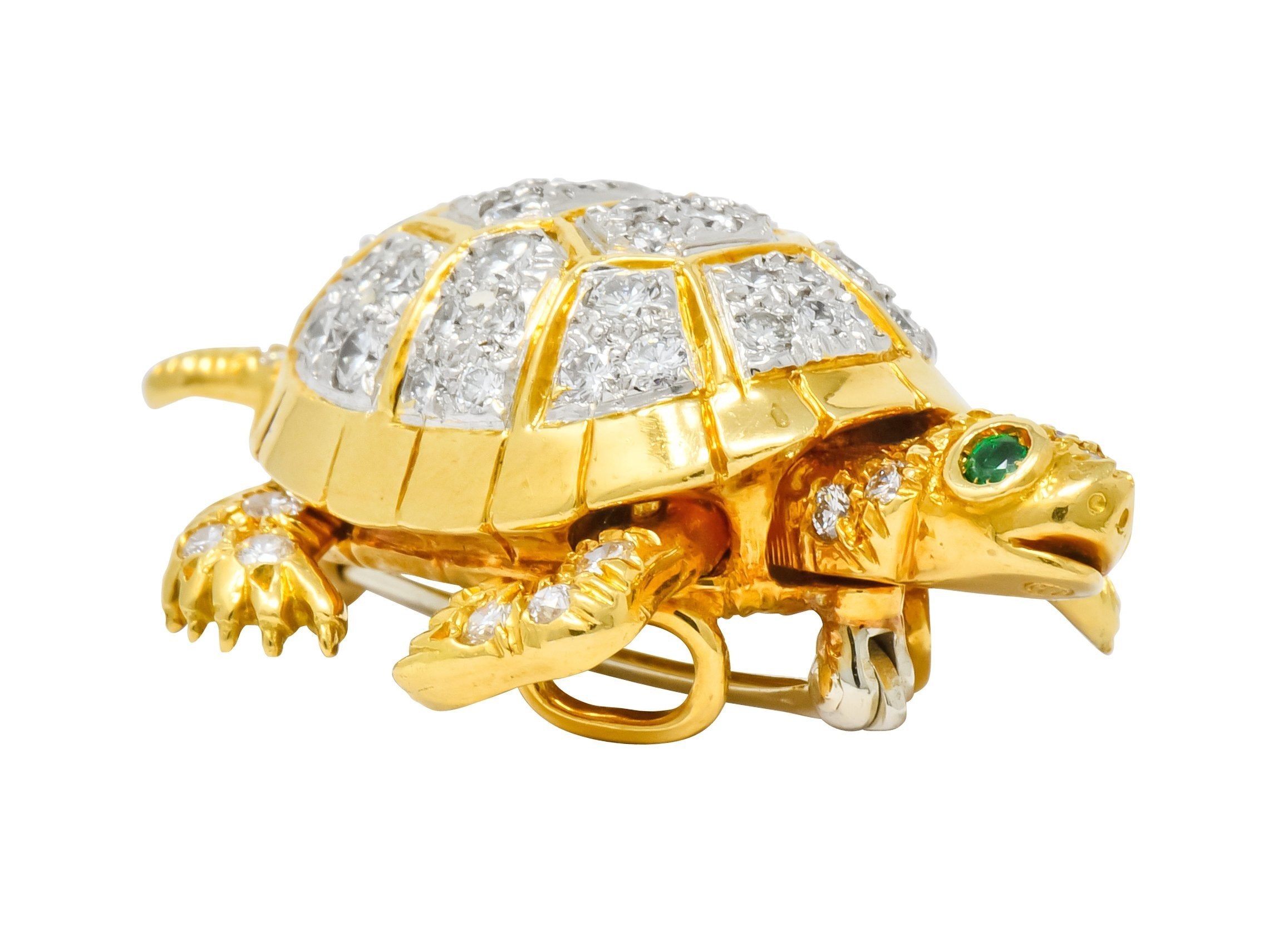 McTeigue Vintage 2.20 CTW Diamond Emerald Platinum-Topped 18 Karat Gold Turtle Pendant Brooch - Wilson's Estate Jewelry