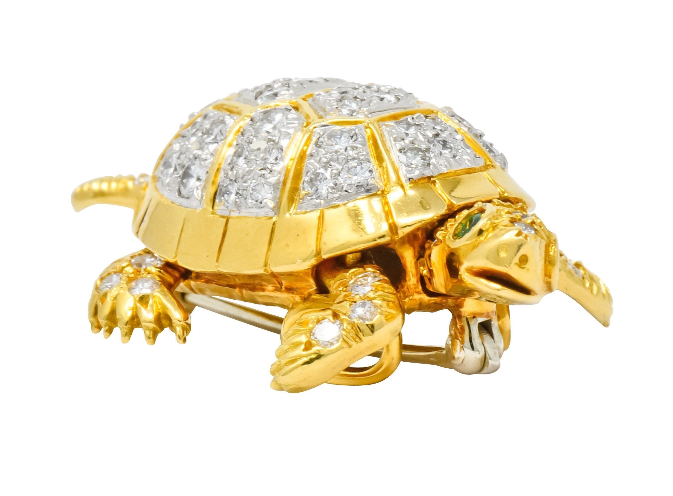 McTeigue Vintage 2.20 CTW Diamond Emerald Platinum-Topped 18 Karat Gold Turtle Pendant Brooch - Wilson's Estate Jewelry