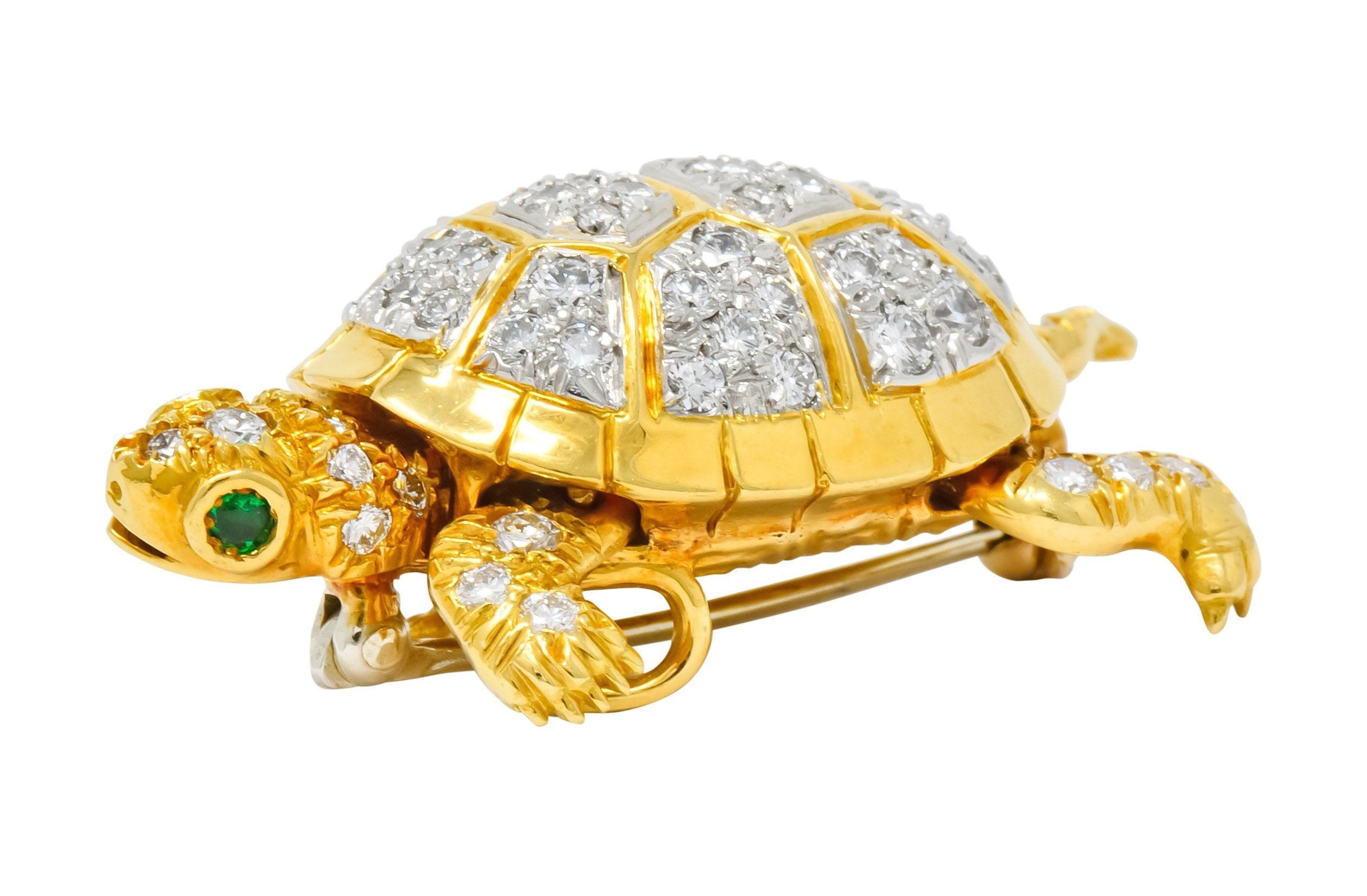 McTeigue Vintage 2.20 CTW Diamond Emerald Platinum-Topped 18 Karat Gold Turtle Pendant Brooch - Wilson's Estate Jewelry