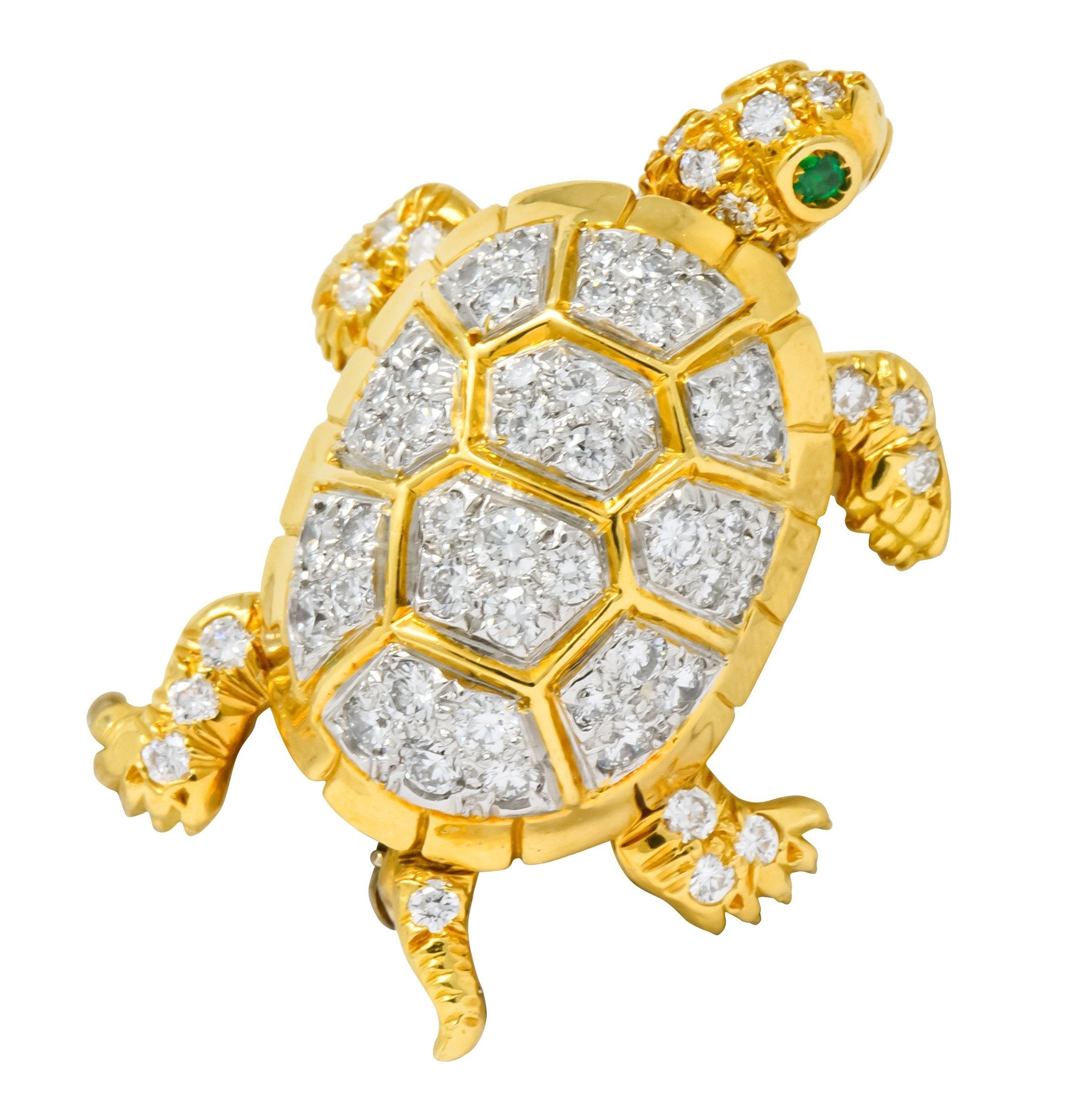 McTeigue Vintage 2.20 CTW Diamond Emerald Platinum-Topped 18 Karat Gold Turtle Pendant Brooch - Wilson's Estate Jewelry