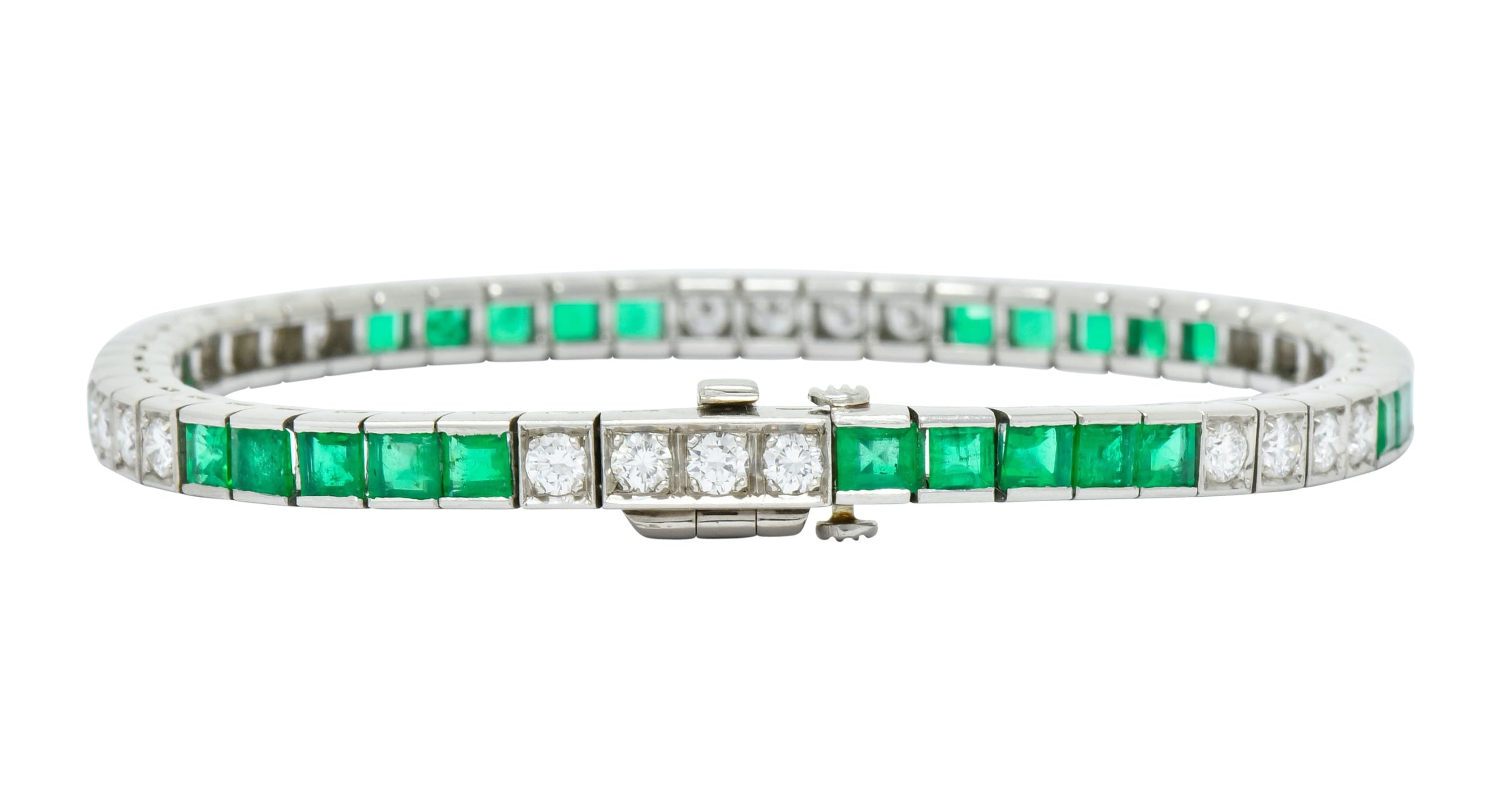 Mid-Century 6.06 CTW Diamond Emerald Platinum Tennis Line Bracelet - Wilson's Estate Jewelry