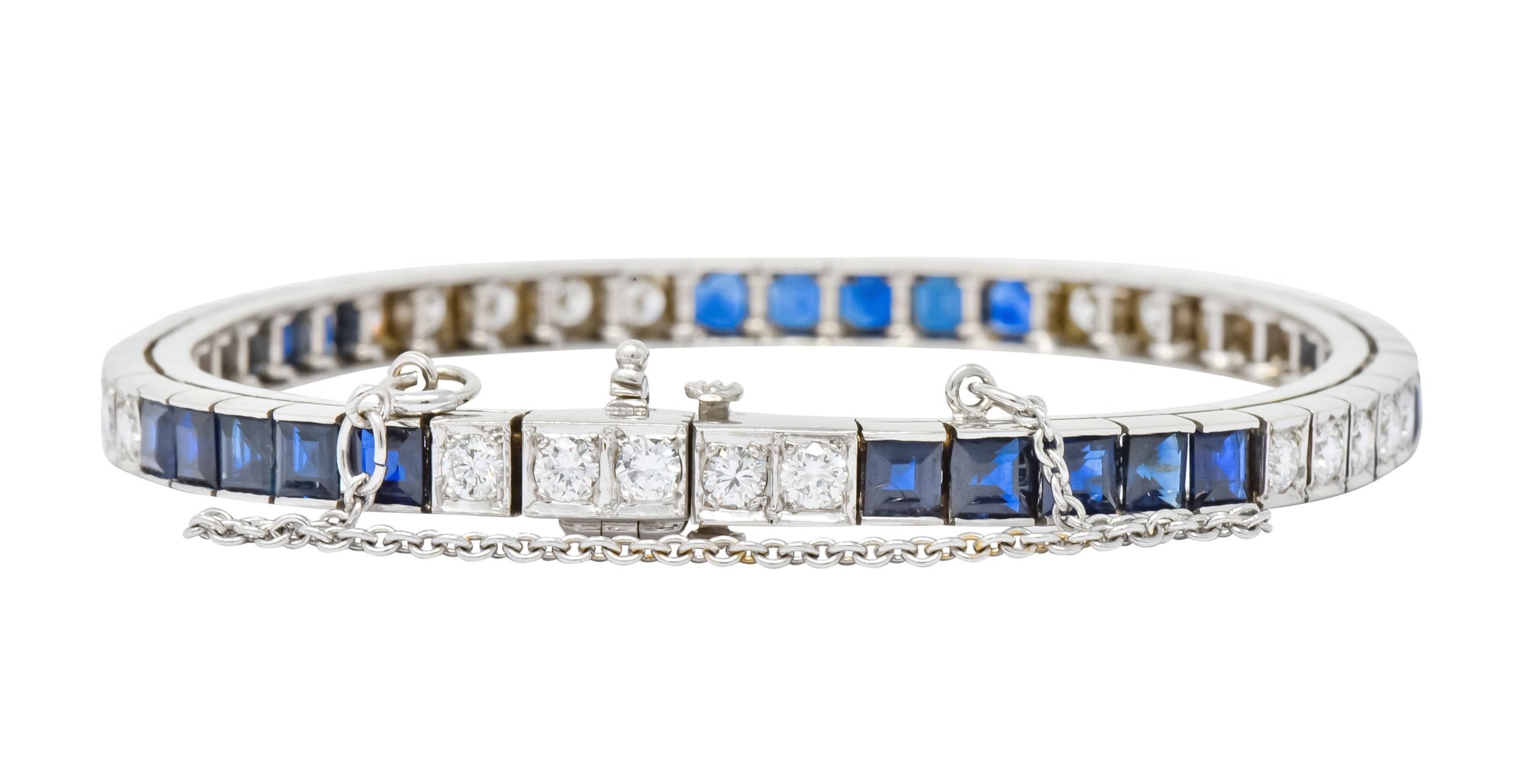 Mid-Century 7.00 CTW Diamond Sapphire 14 Karat White Gold Line Bracelet Circa 1950s - Wilson's Estate Jewelry