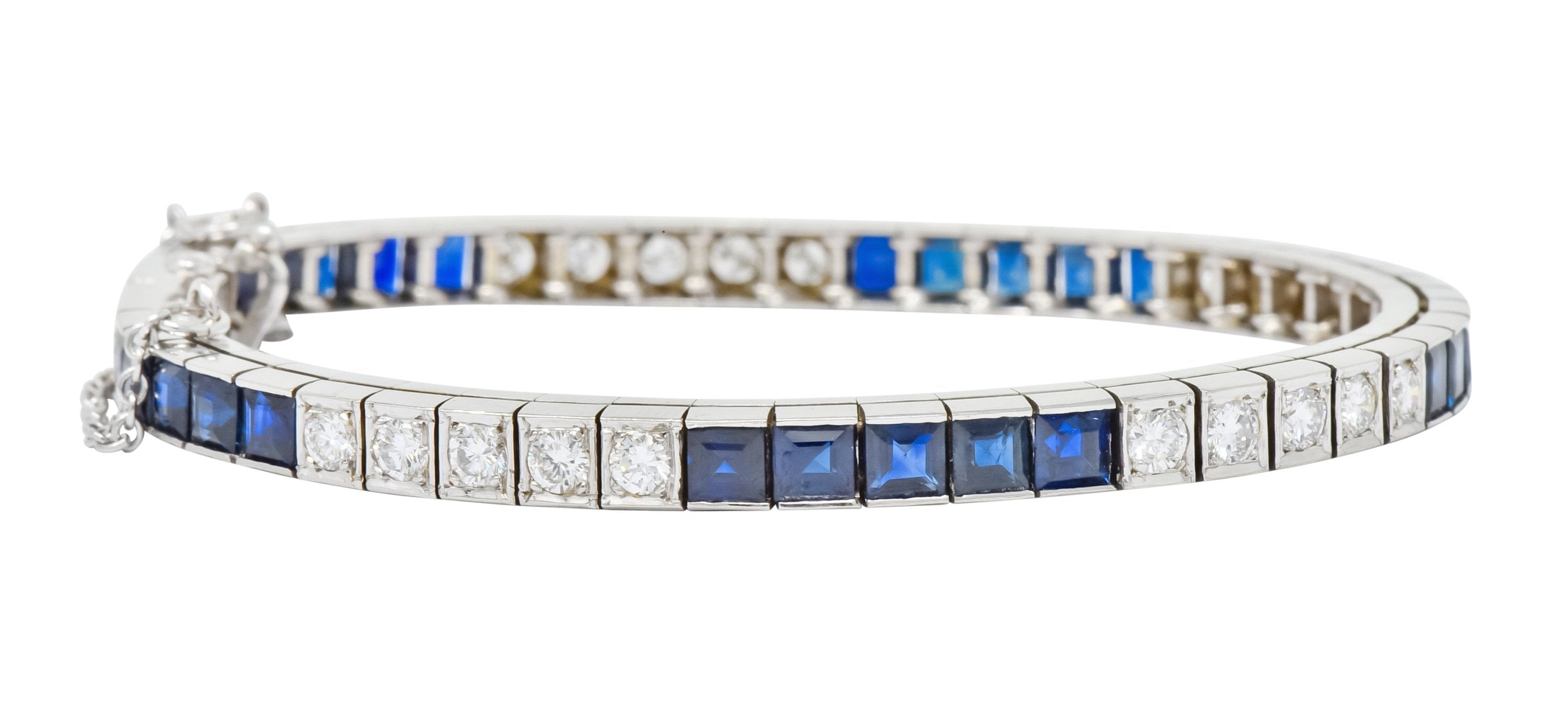 Mid-Century 7.00 CTW Diamond Sapphire 14 Karat White Gold Line Bracelet Circa 1950s - Wilson's Estate Jewelry