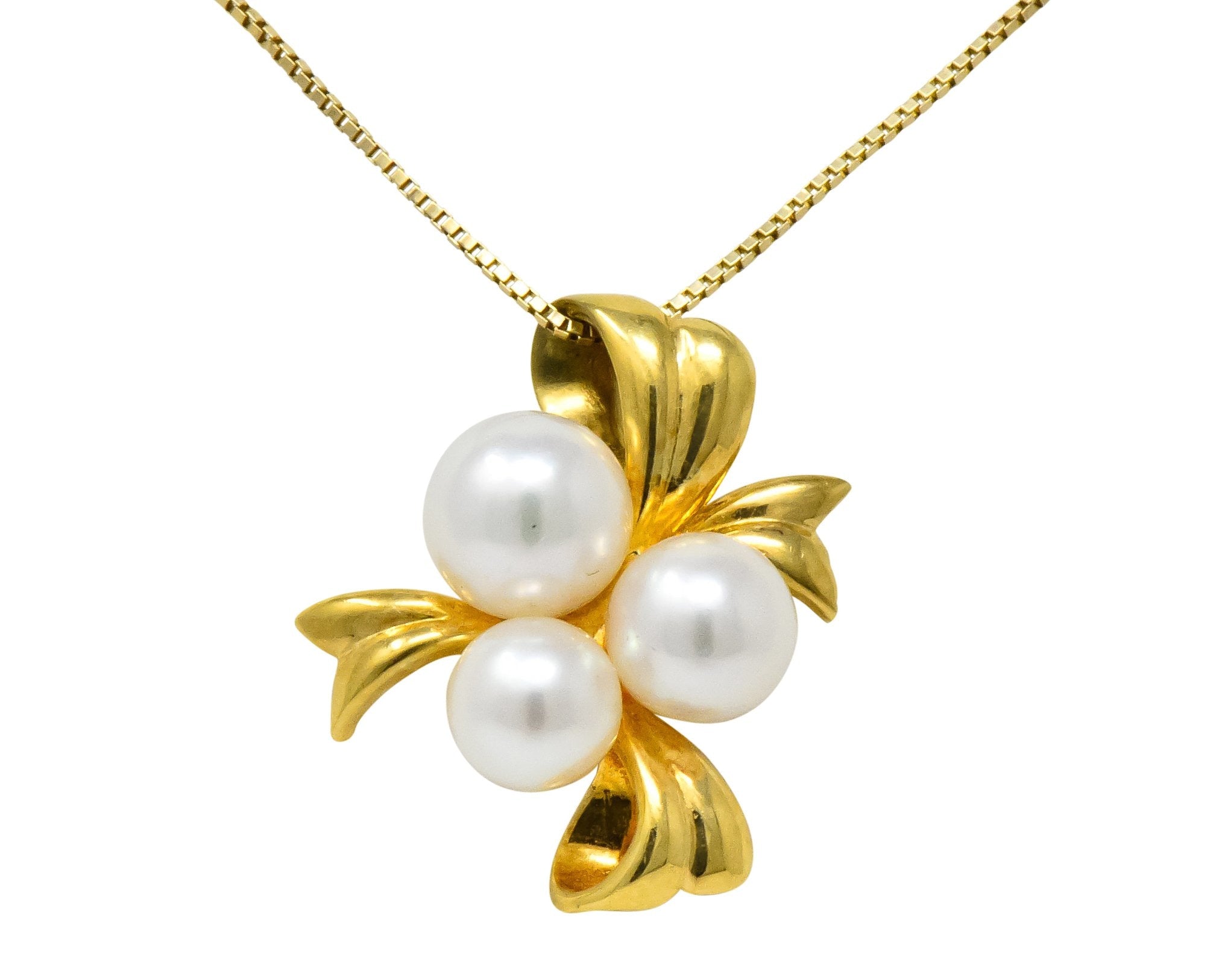 Mikimoto Cultured Pearl 18 Karat Gold Ribbon Pendant Necklace - Wilson's Estate Jewelry