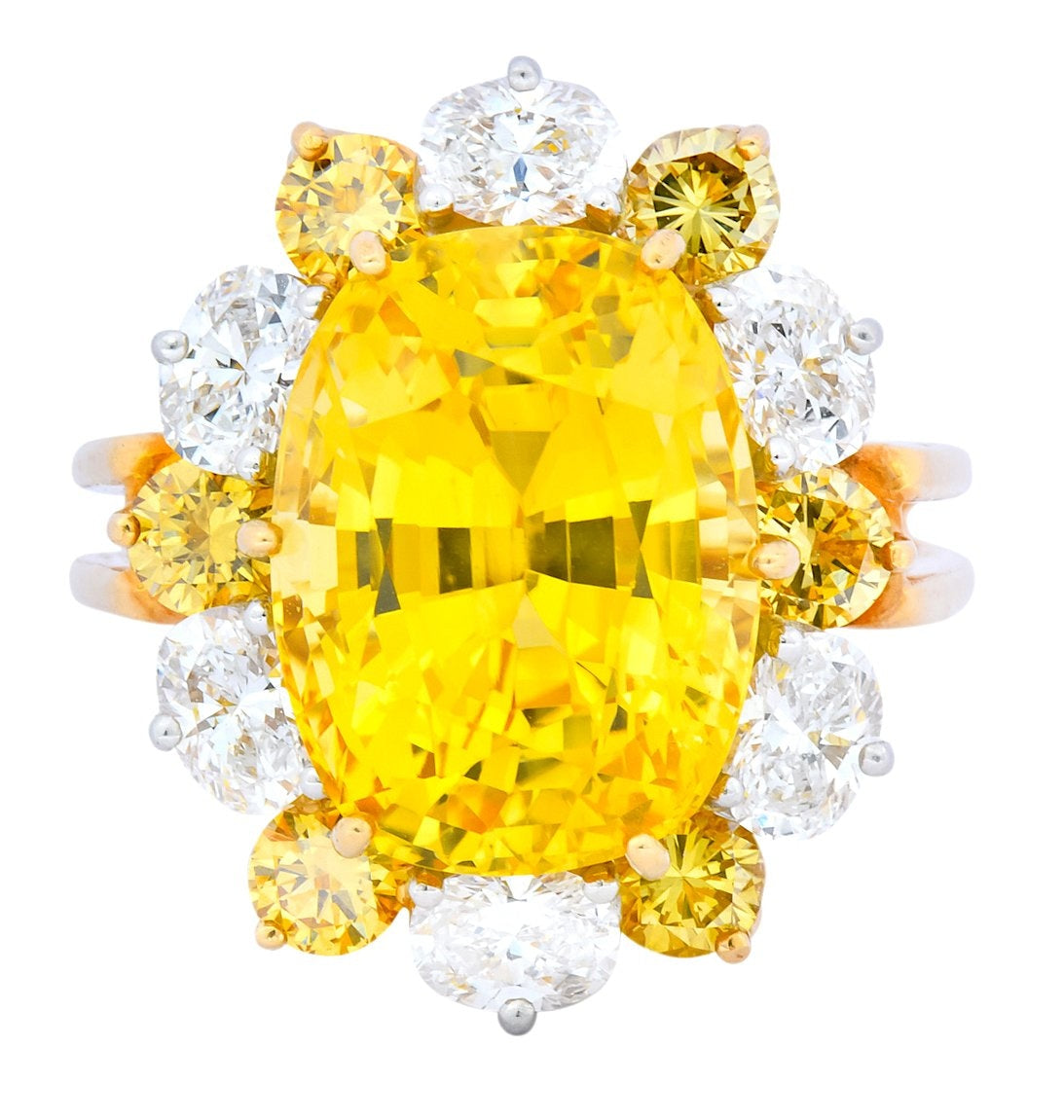 Oscar Heyman 14.86 CTW No Heat Golden Yellow Sapphire Fancy Colored Diamond Platinum 18 Karat Gold Ring GIA - Wilson's Estate Jewelry