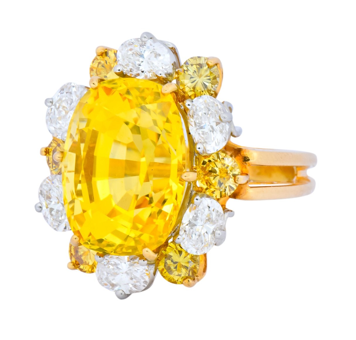 Oscar Heyman 14.86 CTW No Heat Golden Yellow Sapphire Fancy Colored Diamond Platinum 18 Karat Gold Ring GIA - Wilson's Estate Jewelry