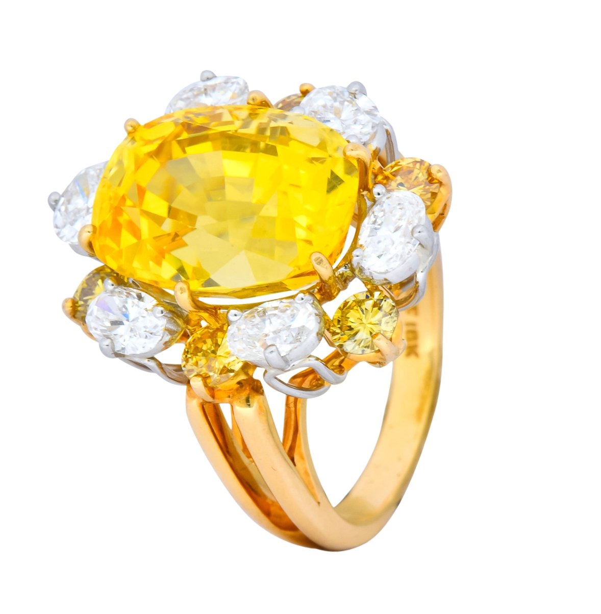 Oscar Heyman 14.86 CTW No Heat Golden Yellow Sapphire Fancy Colored Diamond Platinum 18 Karat Gold Ring GIA - Wilson's Estate Jewelry