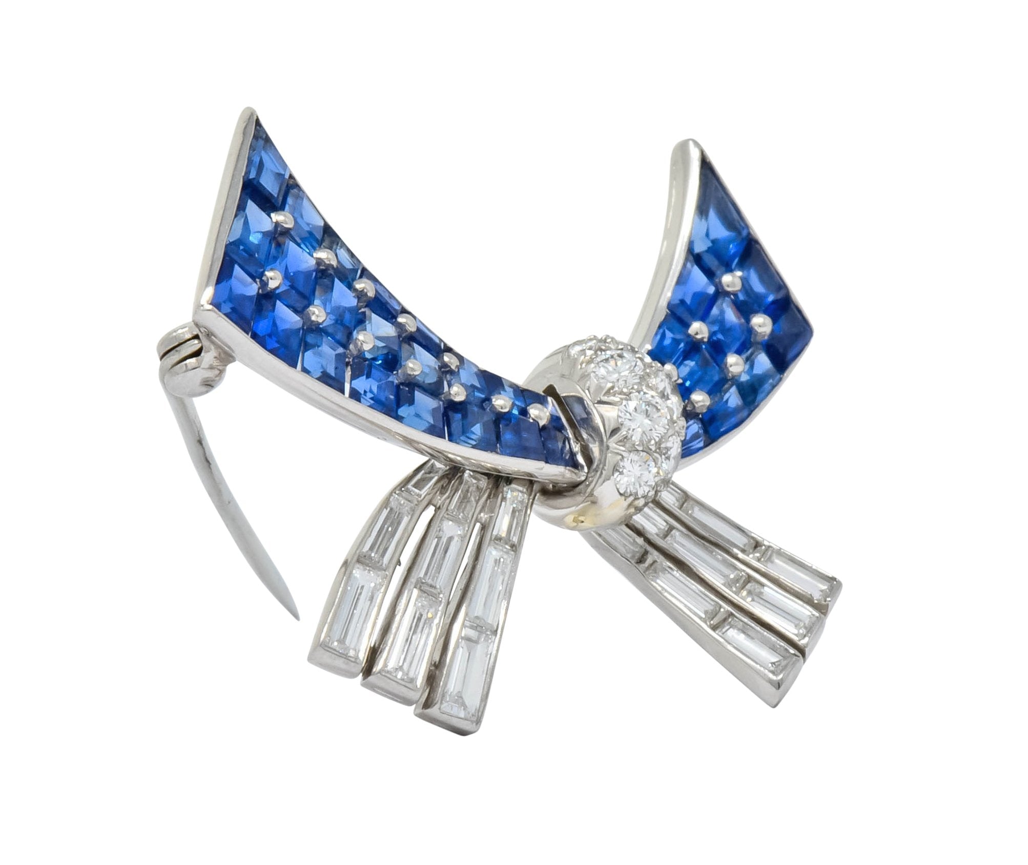 Oscar Heyman Retro 6.10 CTW Sapphire Diamond Platinum Bow Brooch - Wilson's Estate Jewelry