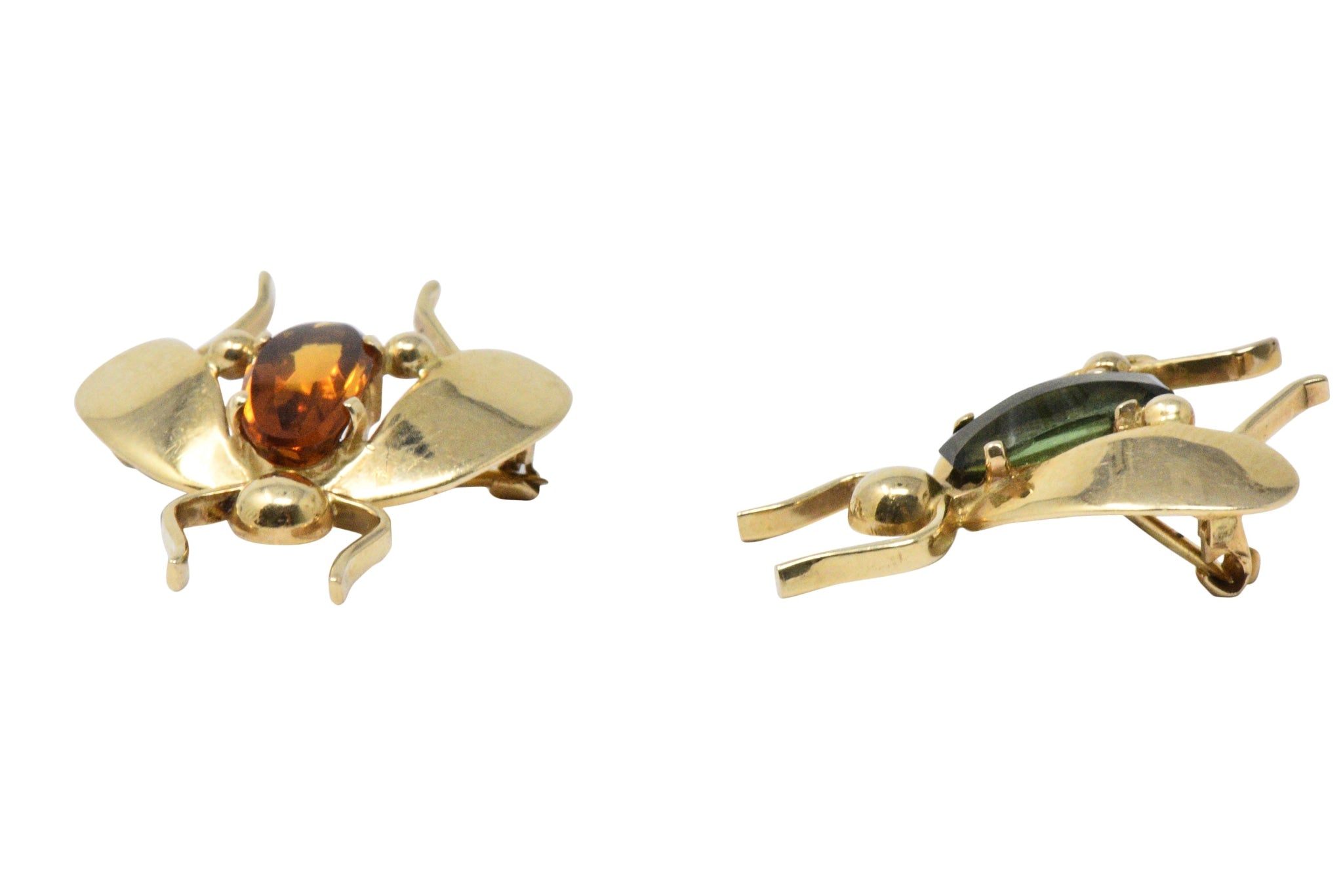 Pair of Retro Tiffany & Co. Citrine, Tourmaline & 14K Gold Bug Brooches Wilson's Estate Jewelry