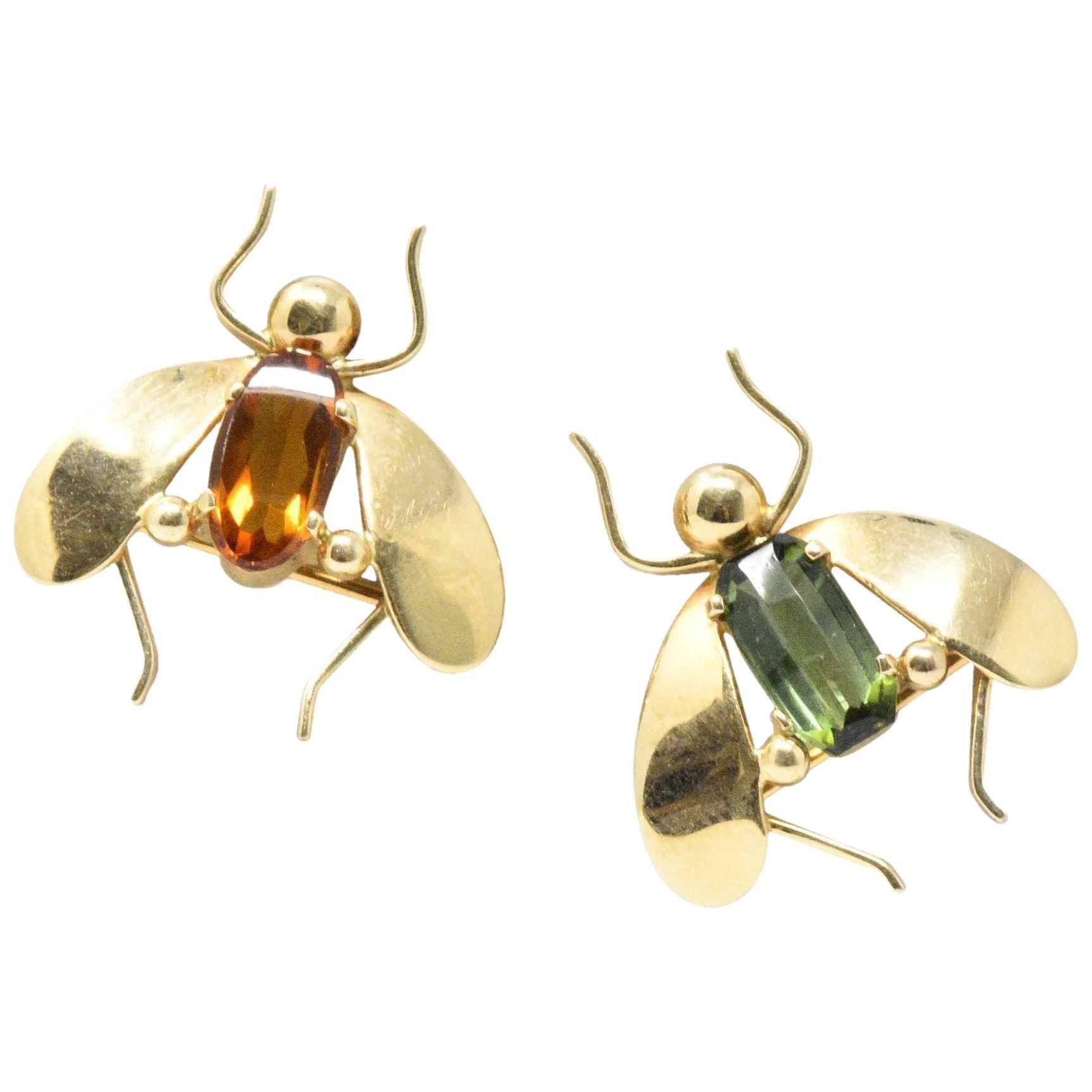 Pair of Retro Tiffany & Co. Citrine, Tourmaline & 14K Gold Bug Brooches Wilson's Estate Jewelry