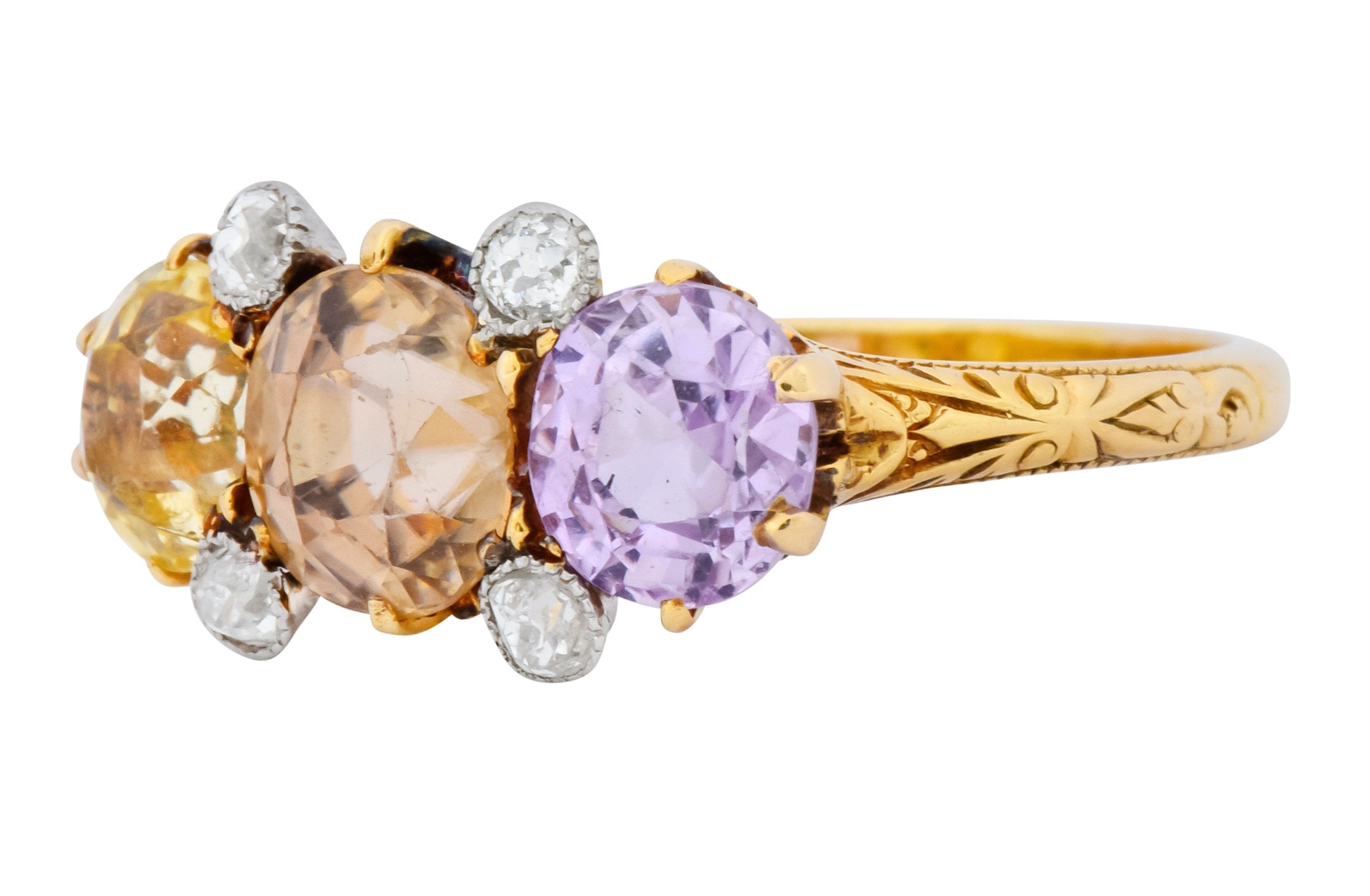 Pastel Victorian 5.42 CTW Sapphire Diamond 18 Karat Gold Three Stone Ring - Wilson's Estate Jewelry