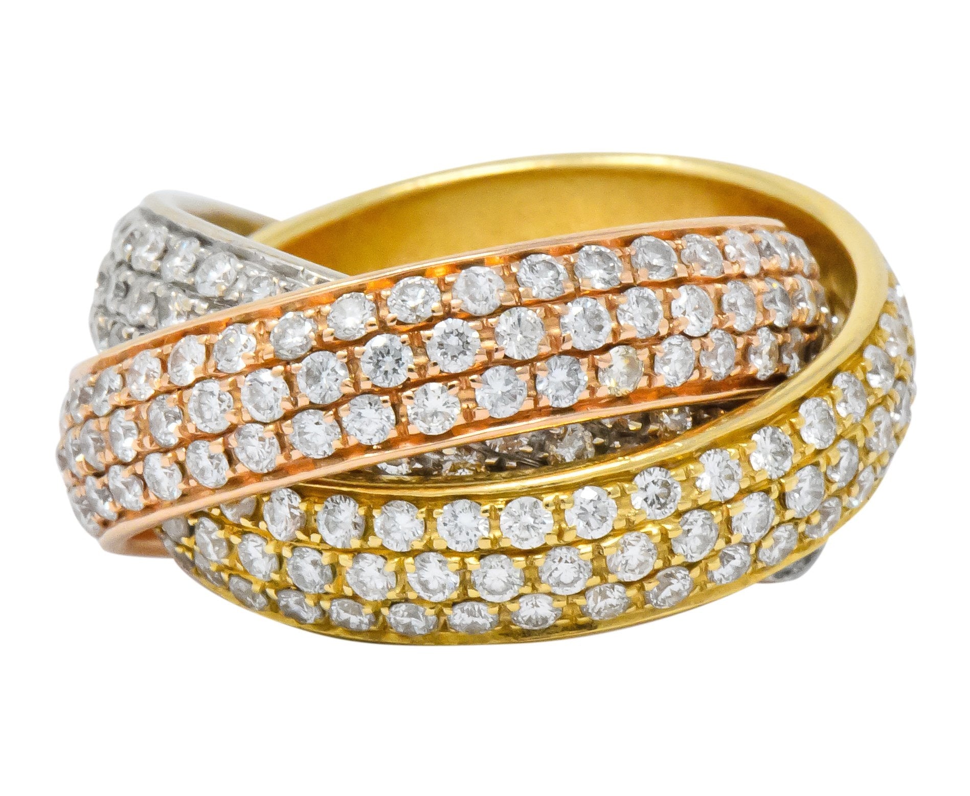 Rabino 5.00 CTW Diamond 18 Karat Tri-Colored Italian Rolling Band Trinity Ring - Wilson's Estate Jewelry