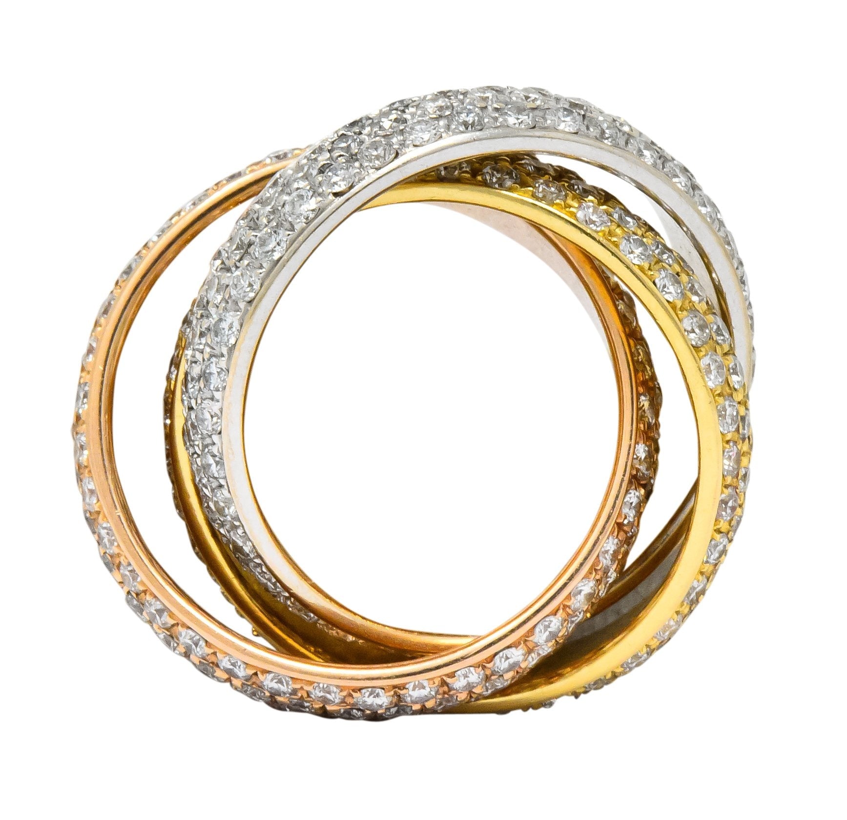 Rabino 5.00 CTW Diamond 18 Karat Tri-Colored Italian Rolling Band Trinity Ring - Wilson's Estate Jewelry