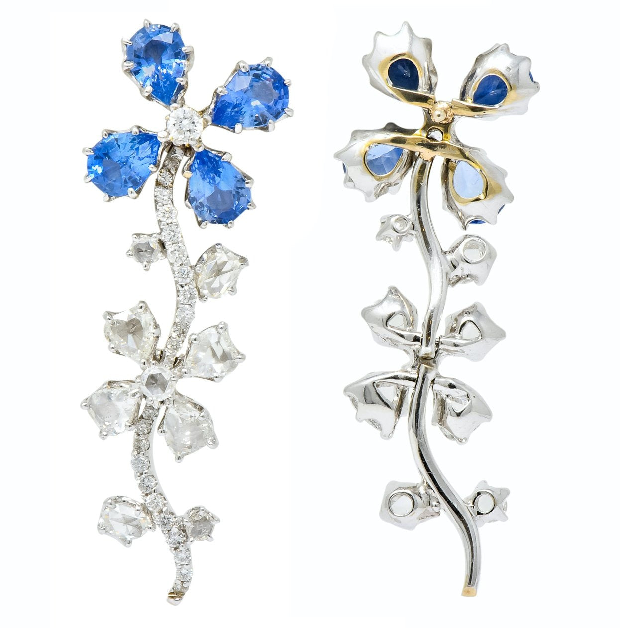 Retro 11.52 CTW Diamond Sapphire Platinum Articulated Flower Earrings - Wilson's Estate Jewelry