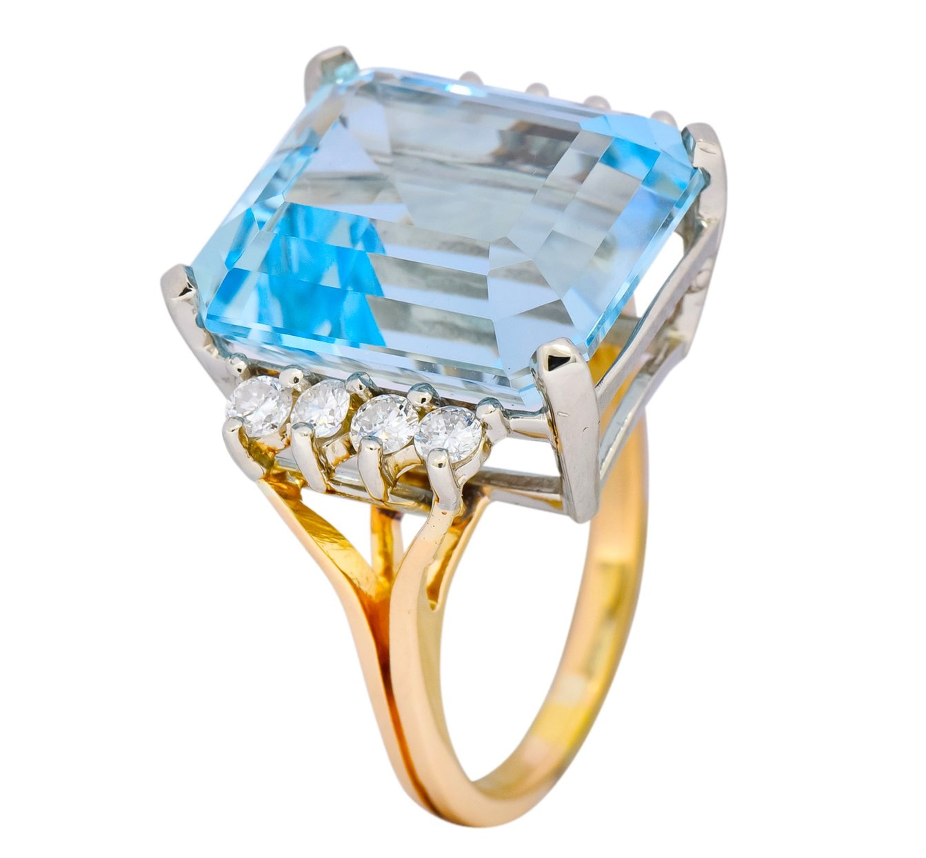 Retro 16.78 CTW Aquamarine Diamond 18 Karat Two-Tone Gold Cocktail Ring - Wilson's Estate Jewelry