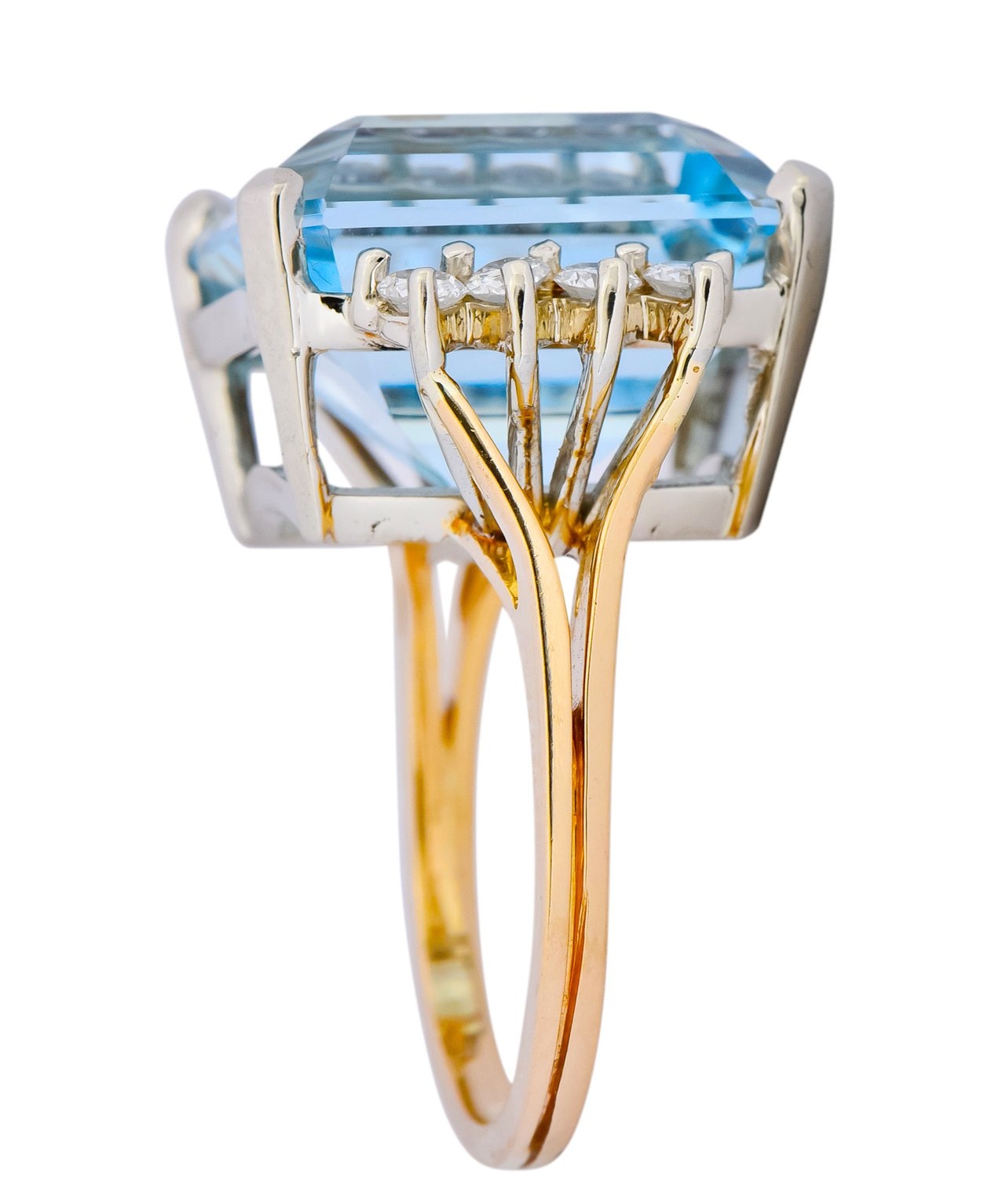 Retro 16.78 CTW Aquamarine Diamond 18 Karat Two-Tone Gold Cocktail Ring - Wilson's Estate Jewelry