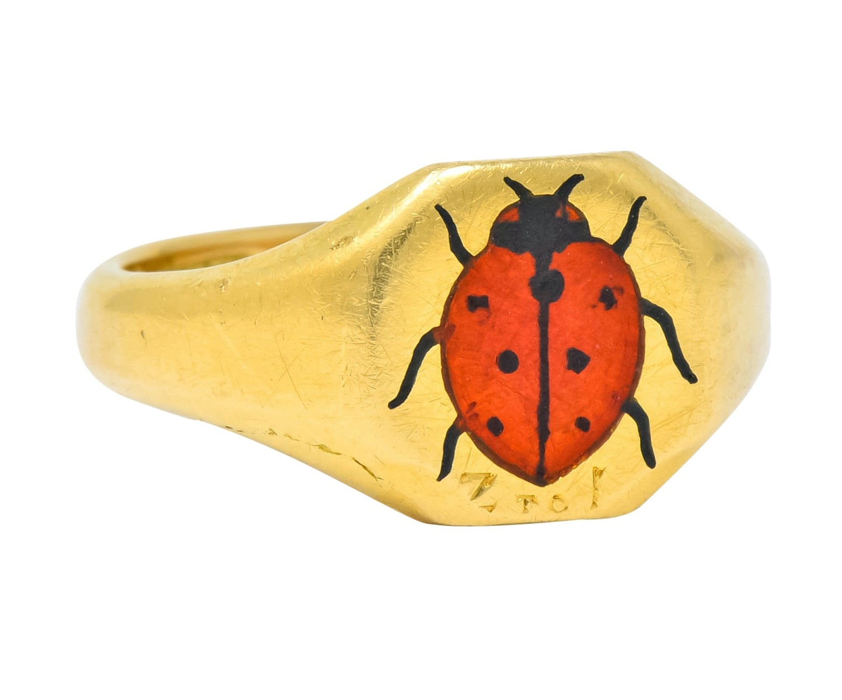 Retro 1938 Enamel 18 Karat Gold Ladybug Signet Pinky Ring - Wilson's Estate Jewelry