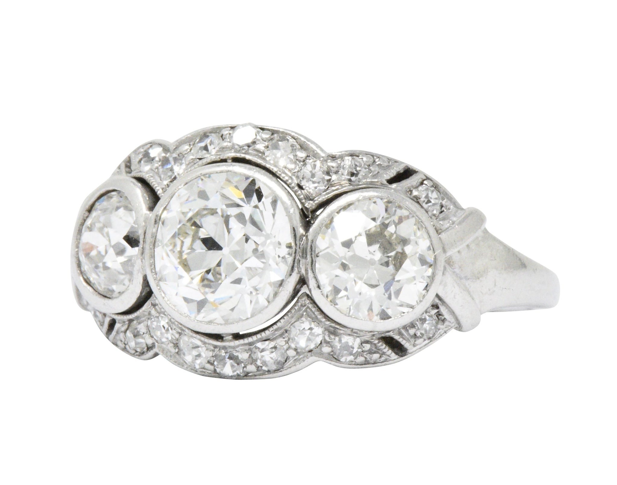 Retro 1940's Three Stone 2.60 CTW Diamond Palladium Ring Wilson's Estate Jewelry