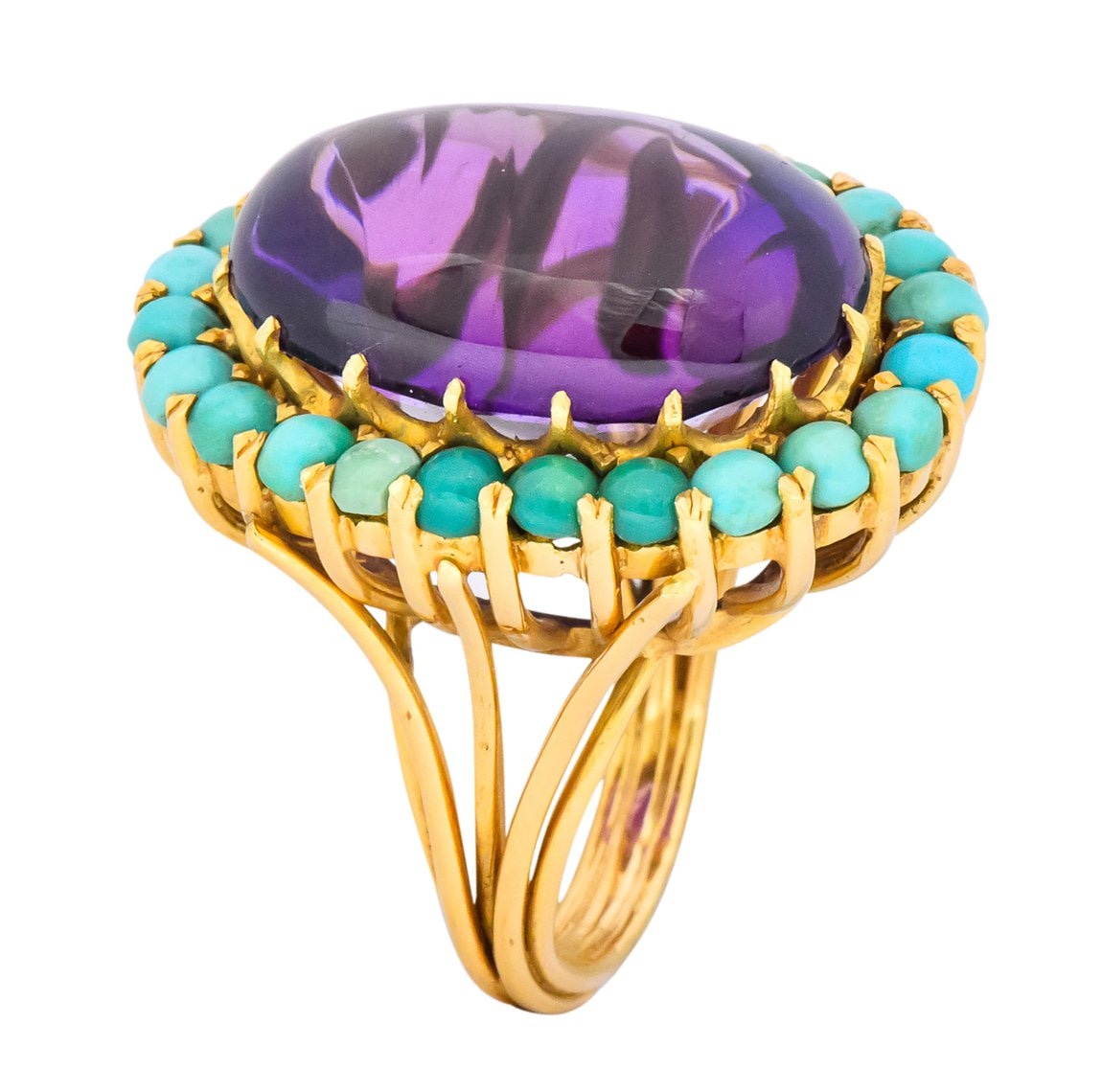 Retro 1960's Amethyst Turquoise 18 Karat Gold Cluster Cocktail Ring - Wilson's Estate Jewelry