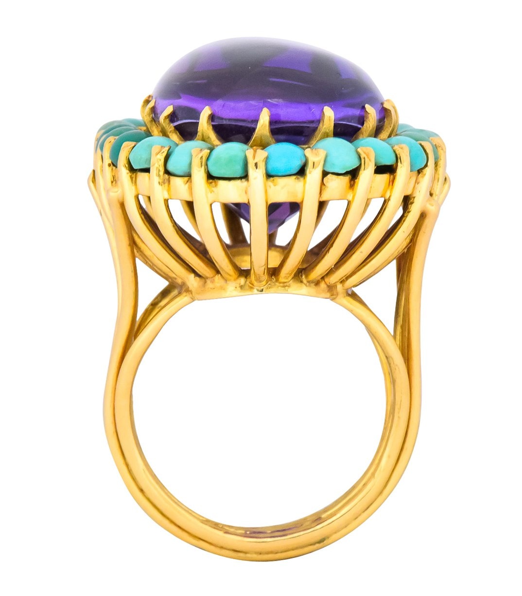 Retro 1960's Amethyst Turquoise 18 Karat Gold Cluster Cocktail Ring - Wilson's Estate Jewelry