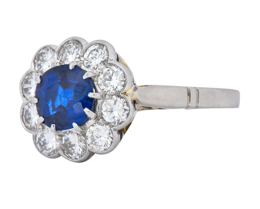 Retro 2.09 CTW No Heat Sapphire Diamond 14 Karat White Gold Cluster Ring GIA - Wilson's Estate Jewelry