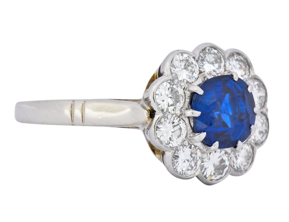 Retro 2.09 CTW No Heat Sapphire Diamond 14 Karat White Gold Cluster Ring GIA - Wilson's Estate Jewelry