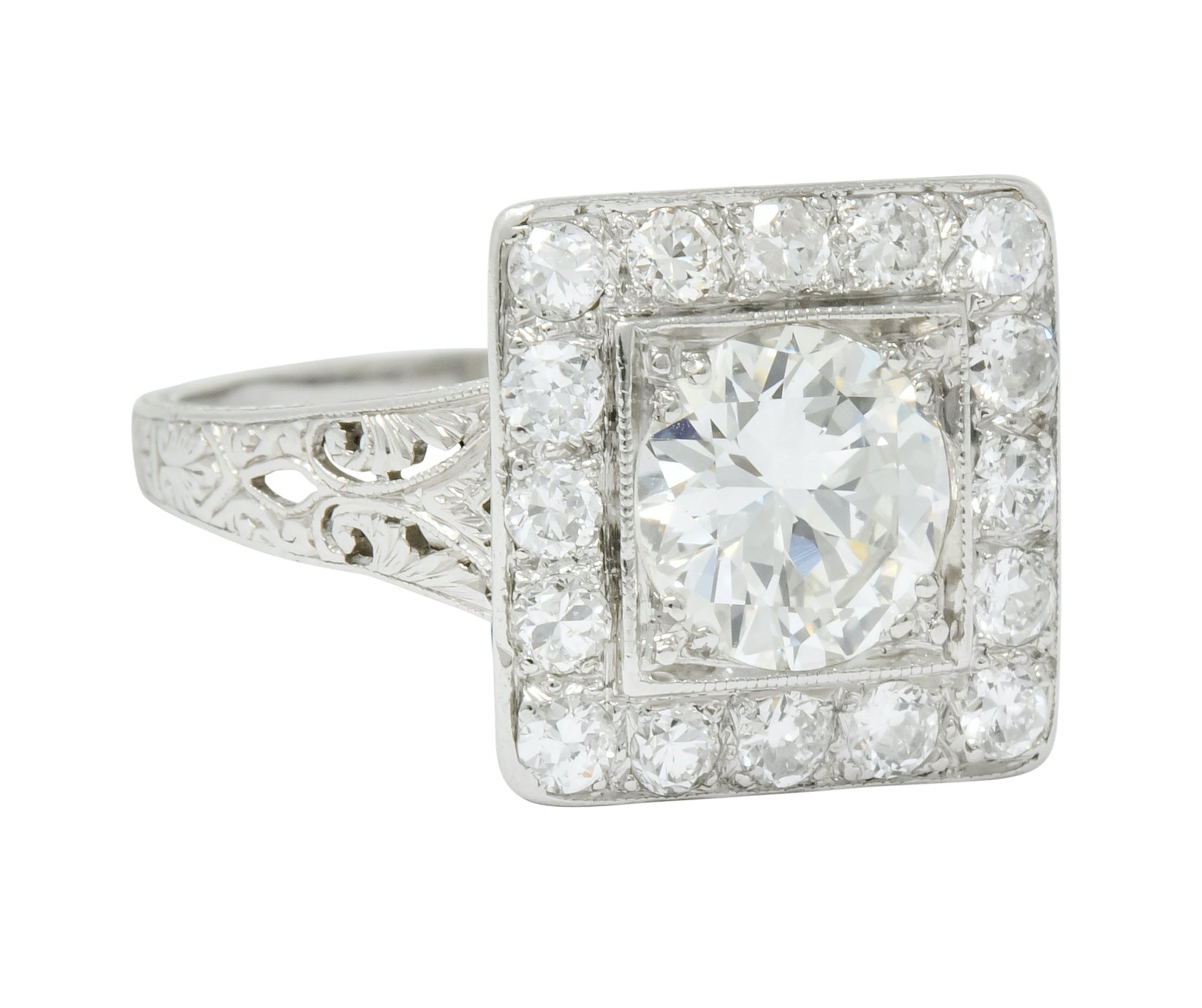 Retro 2.14 CTW Diamond Platinum Square Halo Engagement Ring Circa 1940 - Wilson's Estate Jewelry